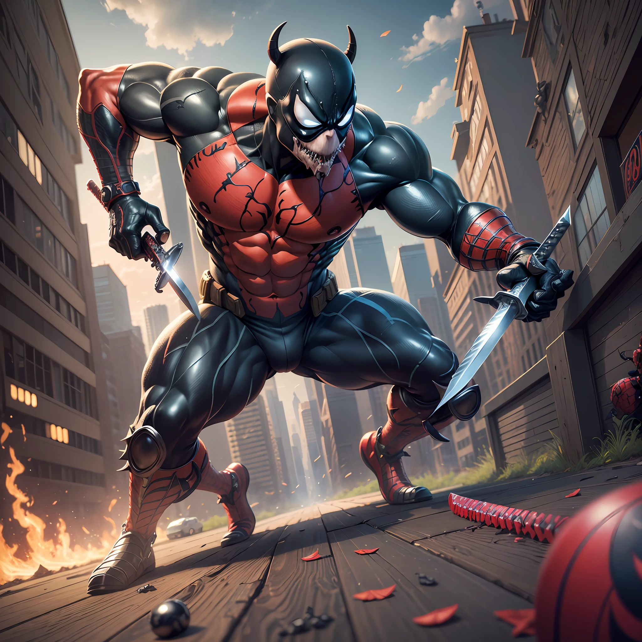 (extremely realistic and detailed CG unity 8k wallpaper,) Venom takes over Deadpool as he struggles to resist, (deadpool with sword:1.2) slashing venom with all his might, in background spiderman is watching --auto --s2