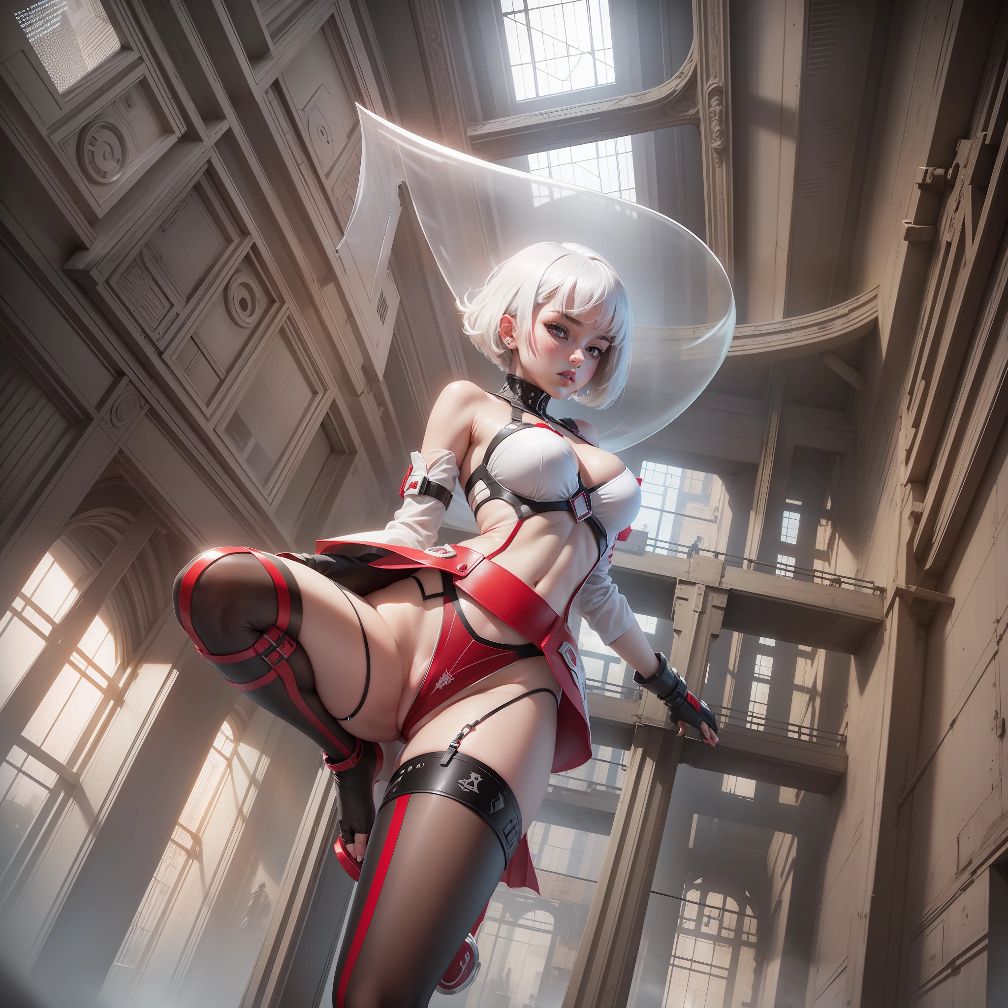 Concept art, sexy girl, white haircut, extreme details, t-pose, 3 frames, public hair, mini skirt, transparent red lingerie, knees on the floor, open legs