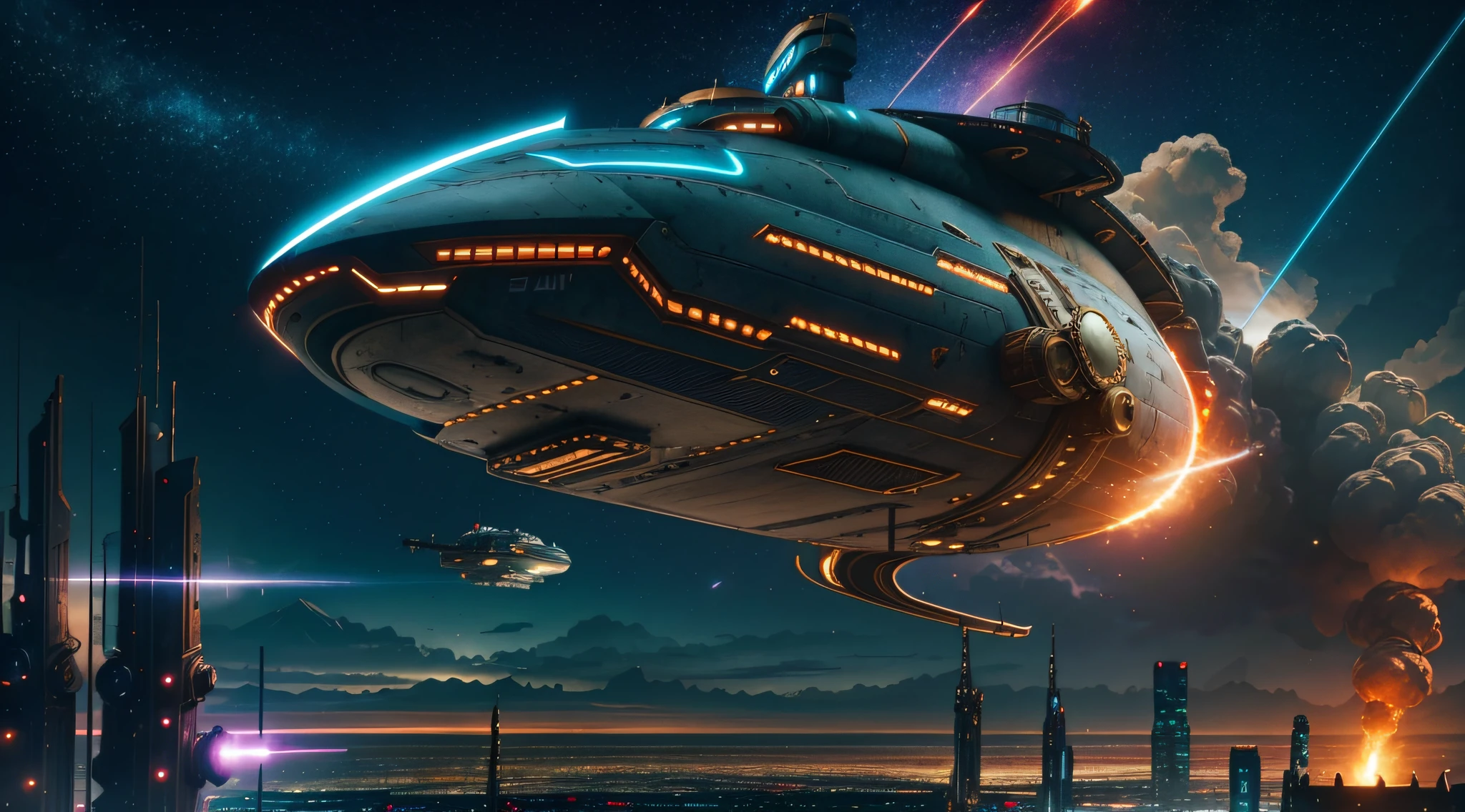 steampunk style, cool tones, cinematic effects, motion photography, time-lapse, Fuji, long exposure, sci-fi style starships, flying starships in the sky, shark-like starships, flying missiles, tail erupting blue flames, ambient lights, surreal sci-fi city in the background, red particle special effects, particle light, aesthetic, 8K, top painting, concept art, epic composition, with HD details, metallic texture and tension composition, hyperrealism, ultra-realistic, rich in detail, 3D