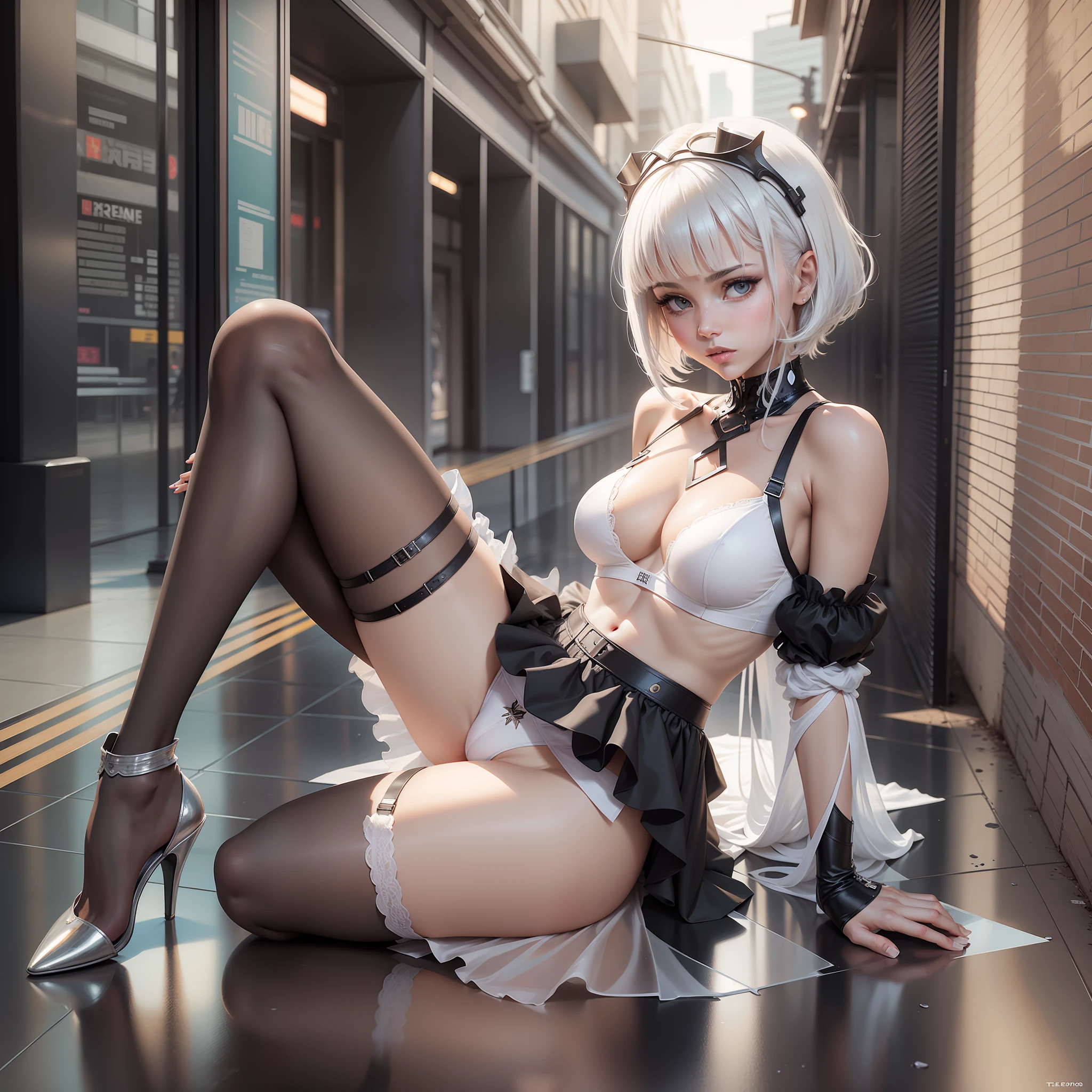 Concept art, sexy girl, white haircut, extreme details, t-pose, 3 frames, public hair, mini skirt, transparent lingerie, very transparent panties, knees on the floor, open legs