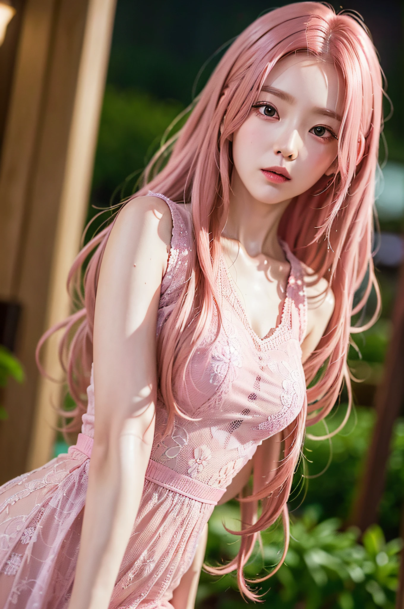 ((very detailed CG)), ((8k)), beautiful maiden, flowers, suit, forest, city night scene, a girl, beautiful face, long pink hair