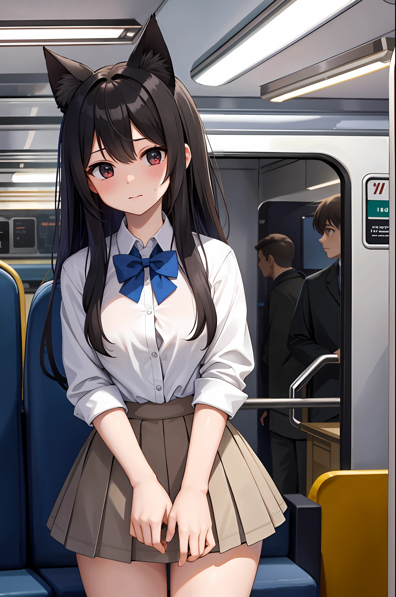 Masterpiece, best quality, high resolution, very detailed, detailed background, movie lighting, 1 girl, looking at the audience, subway, train interior, wearing cat ears, school uniform, white shirt, skirt, sweat, transparent, heavy breathing, embarrassment, hands on crotch, NSFW