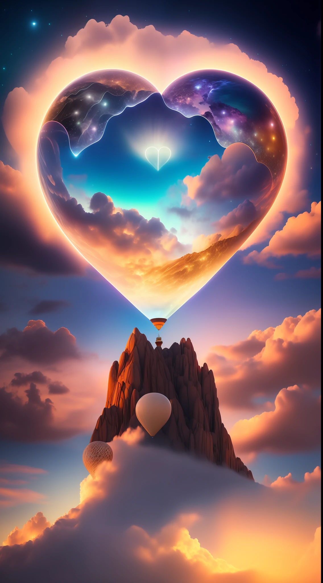Step into a realm of ethereal beauty as you gaze upon a breathtaking photograph of small heart-shaped bioluminescent balloons floating above the clouds. This captivating image showcases a flawless composition, where every element is meticulously placed to create a visually stunning masterpiece. The intricate details of the balloons are brought to life with exceptional clarity, illuminating their enchanting glow against the backdrop of the sky. The composition adheres to the principles of the golden ratio, ensuring a harmonious and aesthetically pleasing arrangement. This artwork is a true testament to creativity and imagination, captivating viewers with its otherworldly charm. The photograph is expertly captured in mesmerizing 4K resolution, allowing every viewer to appreciate the intricate beauty and artistic essence of this scene