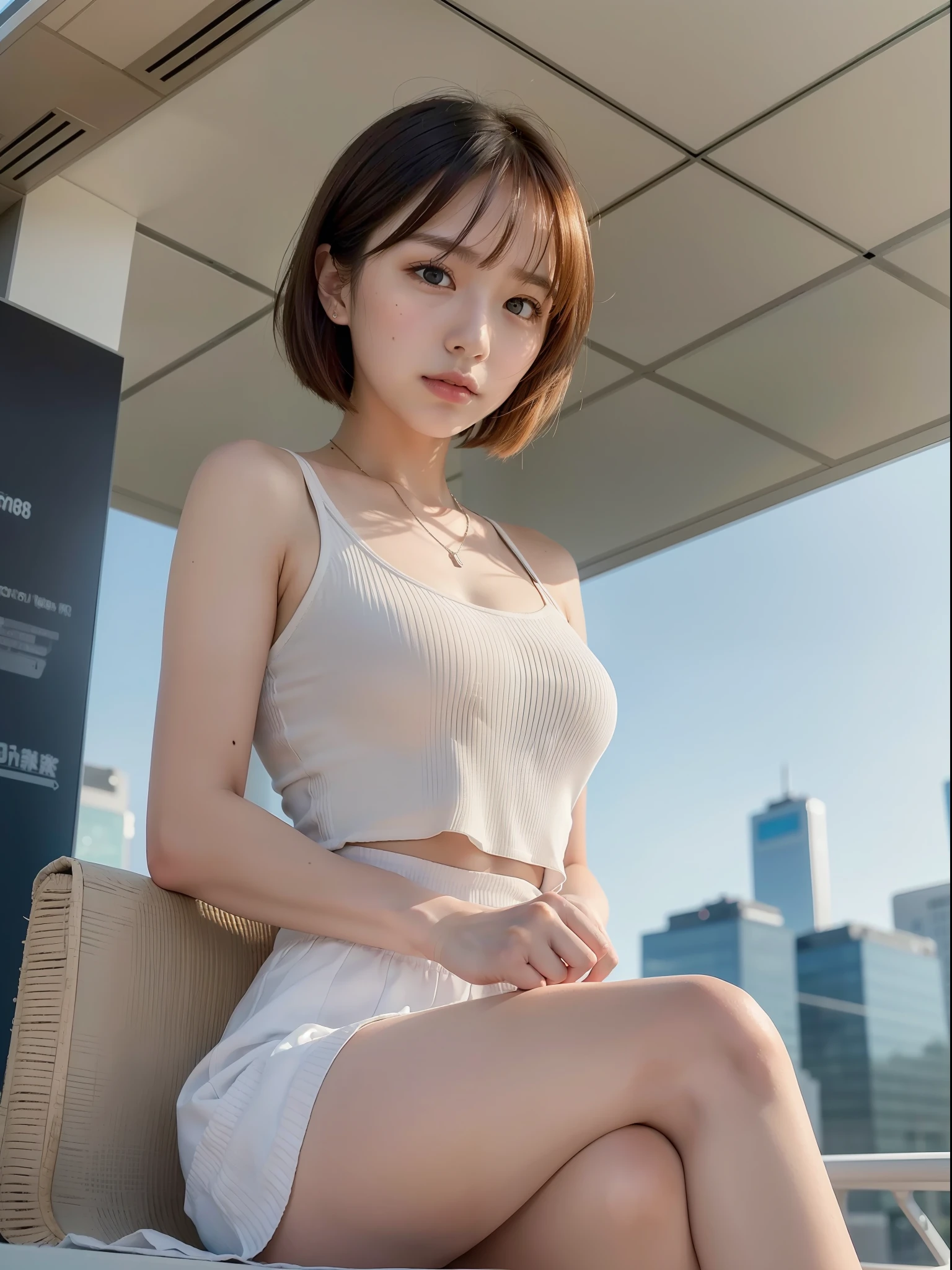 ((Best quality, 8k, Masterpiece: 1.3)), Sharp focus: 1.2, (1 AESPA girl: 1.3), (realistic, photo-realistic:1.37), face girl with cellphone, cute face, age 24, small breasts, flat chest, brunette short messy hair, sitting, hand between legs, white shirt, camisole, skirt, airport, terminal, station, something drinking, sunlight, kindness, cinematic lighting, from below, (8k, masterpiece, best quality, raw photo)