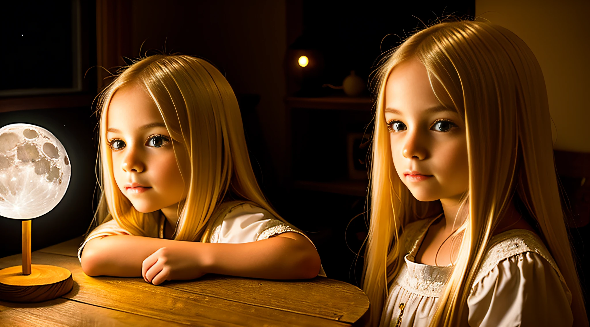 a girl BLONDE CHILD WITH LONG STRAIGHT HAIR, PORTRAIT, from a lamp with a wooden stand on a table, big moon, moon light, moon lighting, full moon lighting, mood light, made of bright wax and ceramic, moon glow, orb, moon backlight, soft moon lighting, moon light,  yellowish full moon, at night with moonlight, big moon, moon shining golden light