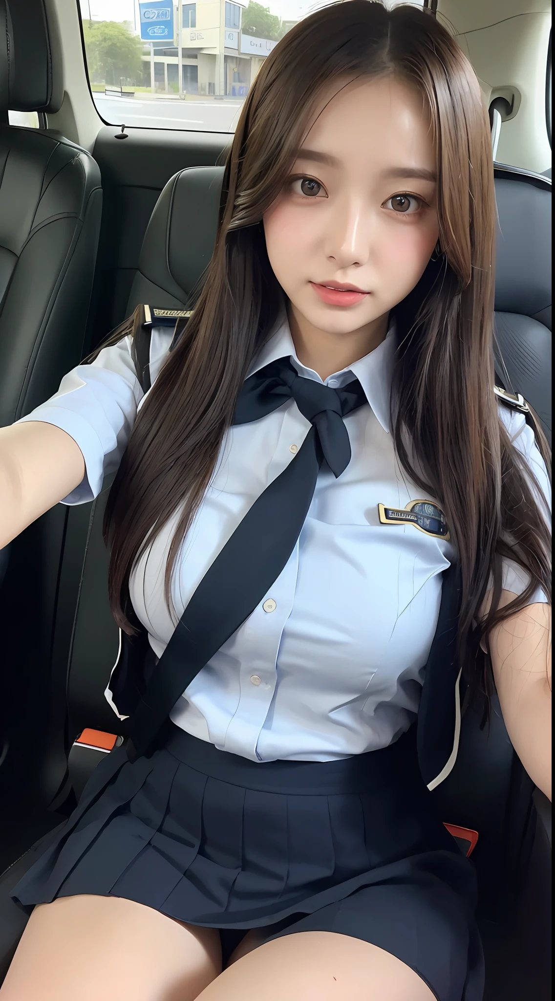 ((top quality, 8k, masterpiece: 1.3)), beauty, 1 girl, big: 1.3, (abs, slender figure: 1.1), dark brown hair, (wet body: 1.1), ultra detailed face, detailed lips, detailed eyes, double eyelids, mini skirt, ((JK uniform)), (school uniform), detailed police car interior, police car, passenger seat sitting, baton, handcuffs, embarrassed, blushing,  on thighs, shy laughter, shirt with open front, uniform with open front, unbuttoned shirt, angel window