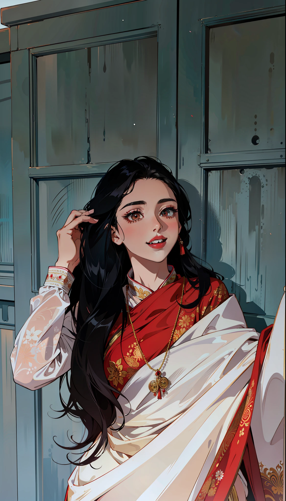 (masterpiece),(best quality:1.0), (ultra highres:1.0), detailed illustration, 8k, anime, 1girl, beautiful anime girl, wearing a white and red saree, beautiful saree, intricate details, black eyes, detailed eyes, black hair, detailed hair detailed, highlights on hair, smiling, matte red lipstick, red lips, anime style, best quality, detailed
