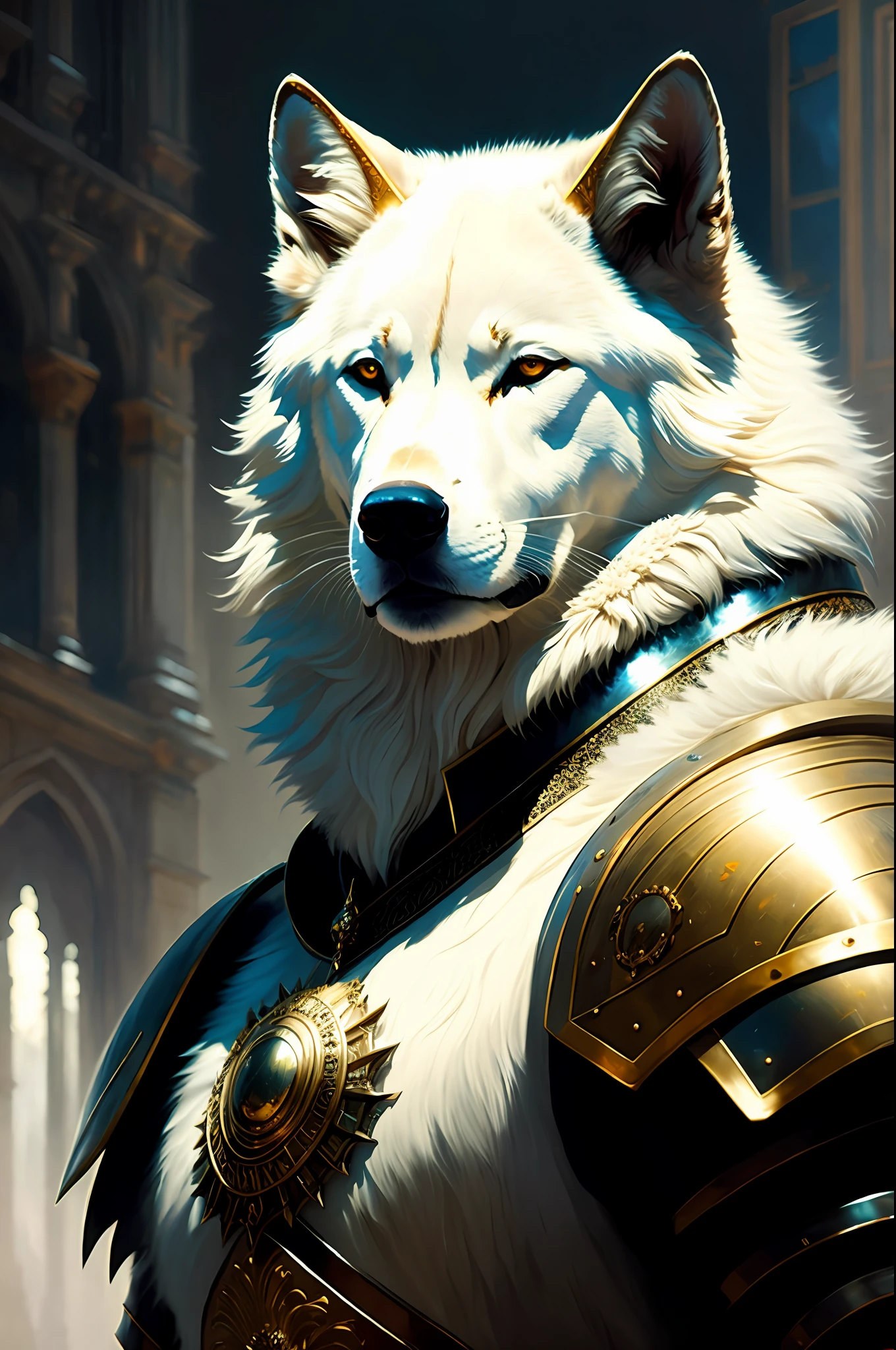 modelshoot style, (extremely detailed CG 8k wallpaper), body photo of the most beautiful artwork in the world, medieval armor, body portrait, big white wolf, majestic professional oil painting by Ed Blinkey, Atey Ghailan, Studio Ghibli, by Jeremy Mann, Greg Manchess, Antonio Moro, trend at ArtStation, trend at CGSociety, Intricate, High Detail, Sharp focus,  dramatic and photorealistic painting art by Midjourney and Greg Rutkowski