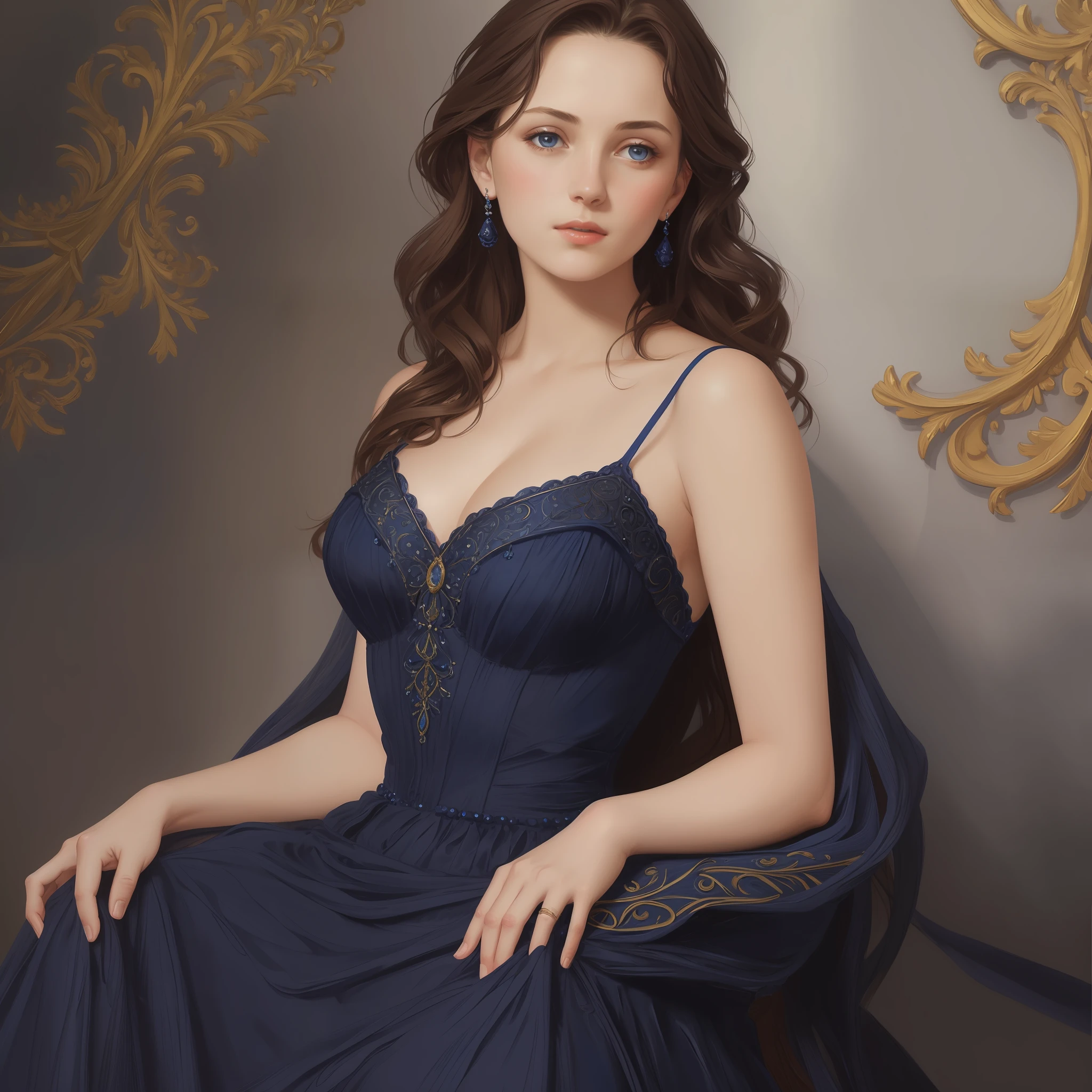 1girl, beautiful  girl, small breasts, revealing ornate navy blue dress, short wavy brown hair, portrait, oil painting, modern, realistic proportions, intricate, intricate details, sharp focus