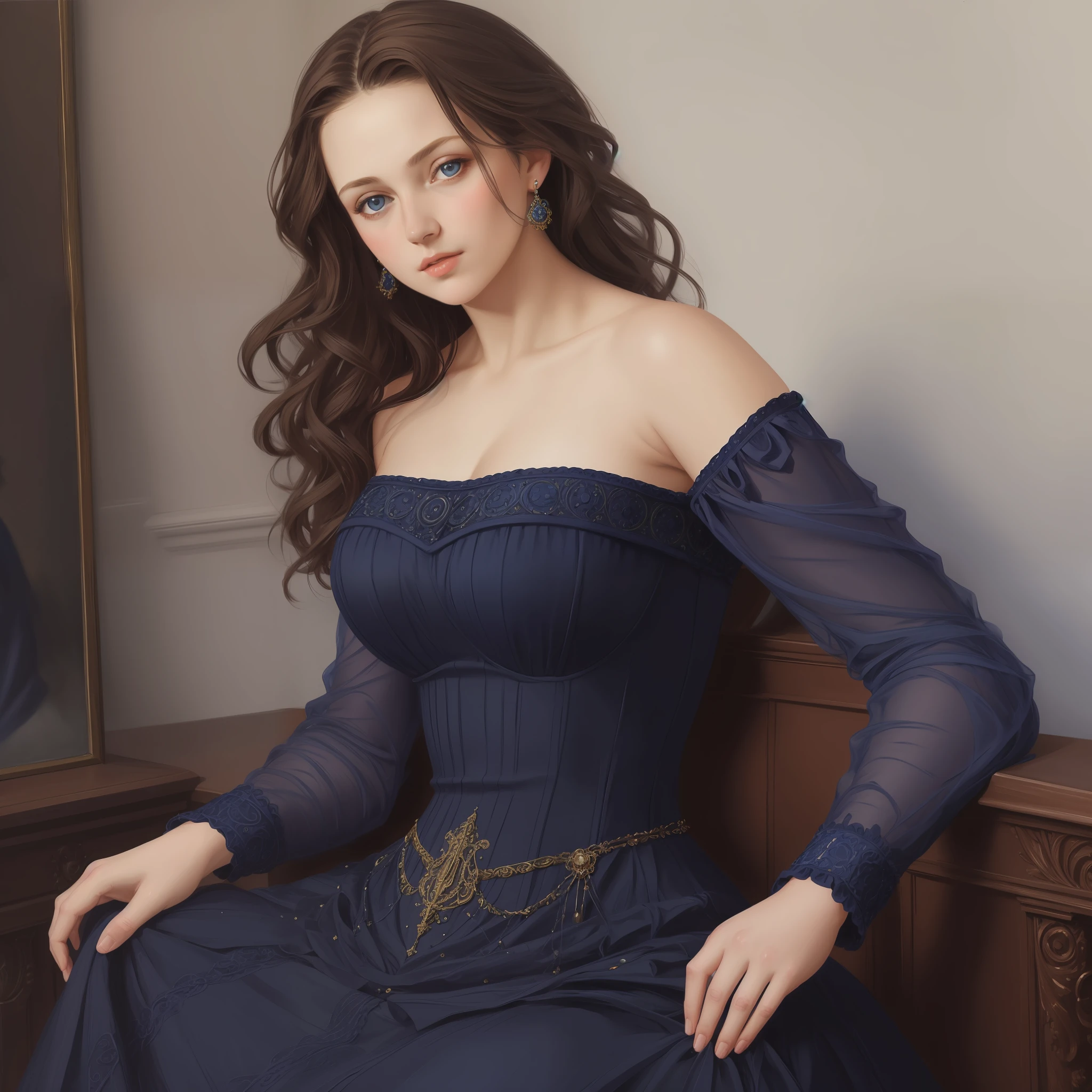 1girl, beautiful age girl, small breasts, revealing ornate navy blue dress, short wavy brown hair, portrait, oil painting, modern, realistic proportions, intricate, intricate details, sharp focus