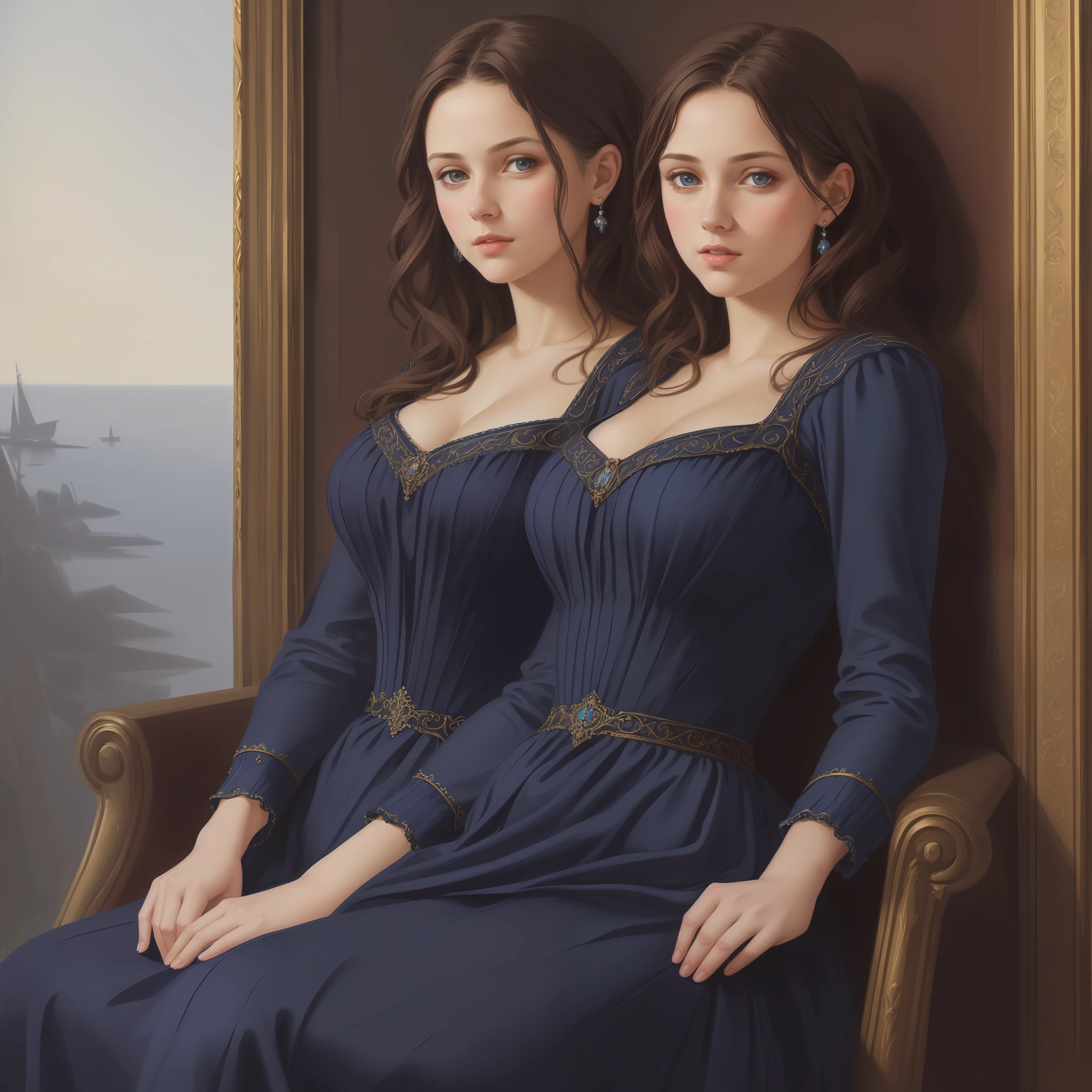 1girl, beautiful girl, small breasts, revealing ornate navy blue dress, short wavy brown hair, portrait, oil painting, modern, realistic proportions, intricate, intricate details, sharp focus