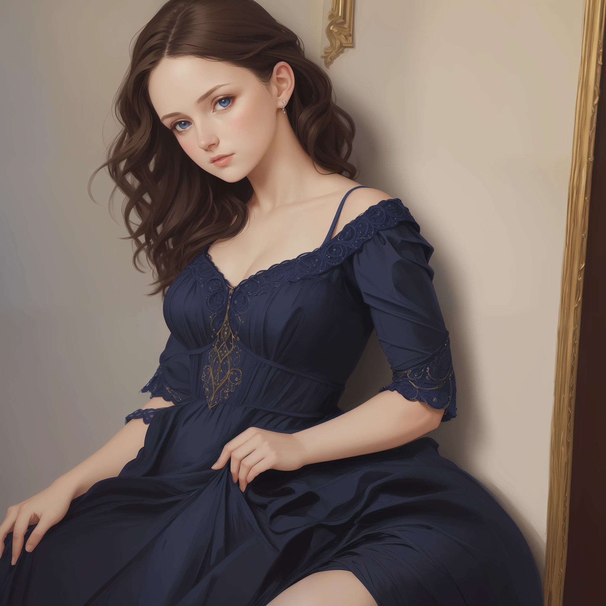 1girl, beautiful  girl, small breasts, revealing ornate navy blue dress, short wavy brown hair, portrait, oil painting, modern, realistic proportions, intricate, intricate details, sharp focus