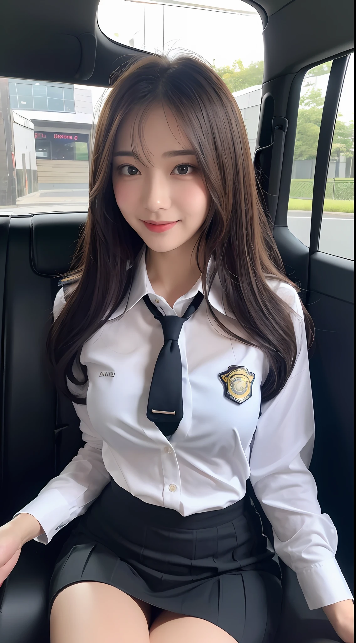 ((Top Quality, 8k, Masterpiece: 1.3)), Beauty, 1 Girl, Big: 1.3, (Abs, Slender Figure: 1.1), Dark Brown Hair, (Wet Body: 1.1), Ultra Detailed Face, Detailed Lips, Detailed Eyes, Double Eyelids, Mini Skirt, JK Uniform, School Uniform, Detailed Police Car Interior, In Police Car, Passenger Seat of Car, Handcuffs, Shyness, Blushing, Panties on thighs, shy smile, shirt with open front, uniform with open front, shirt unbuttoned, (angel's window), ribbon on undressing, shirt on off, bra under shirt