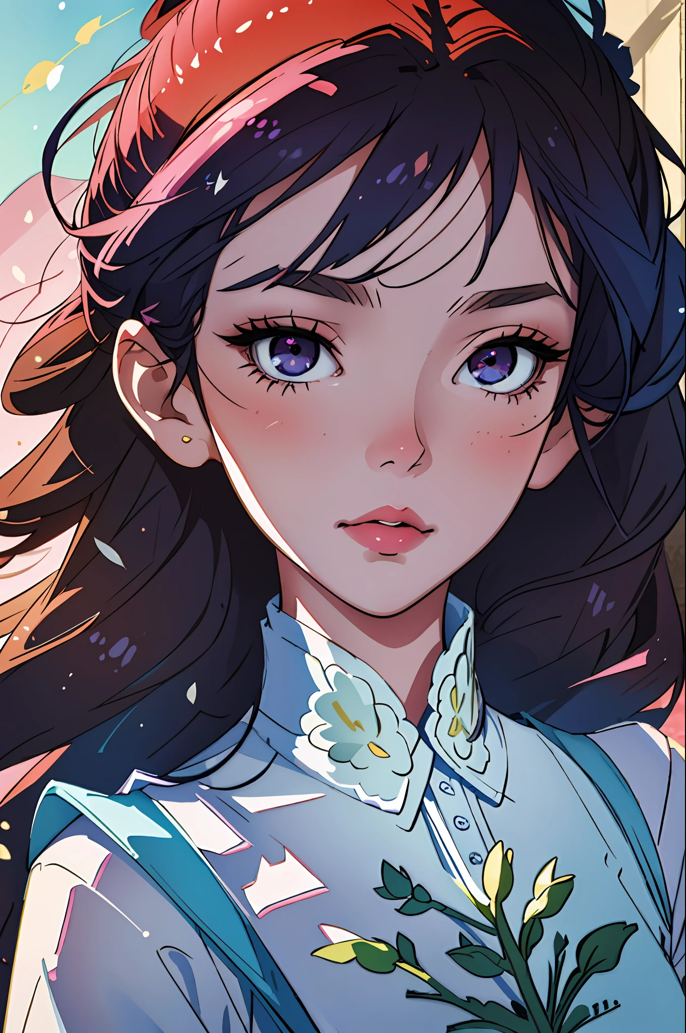(best quality, masterpiece), highly detailed, 8k, (colorful), (bright colors), soft color, soft light, artstation sample, soft edges, young spirit, illustration, floral patterns, cinematic lighting,
lavender background, detailed background, carefree, beautiful detailed eyes, dark eyes, beautiful face, fruits