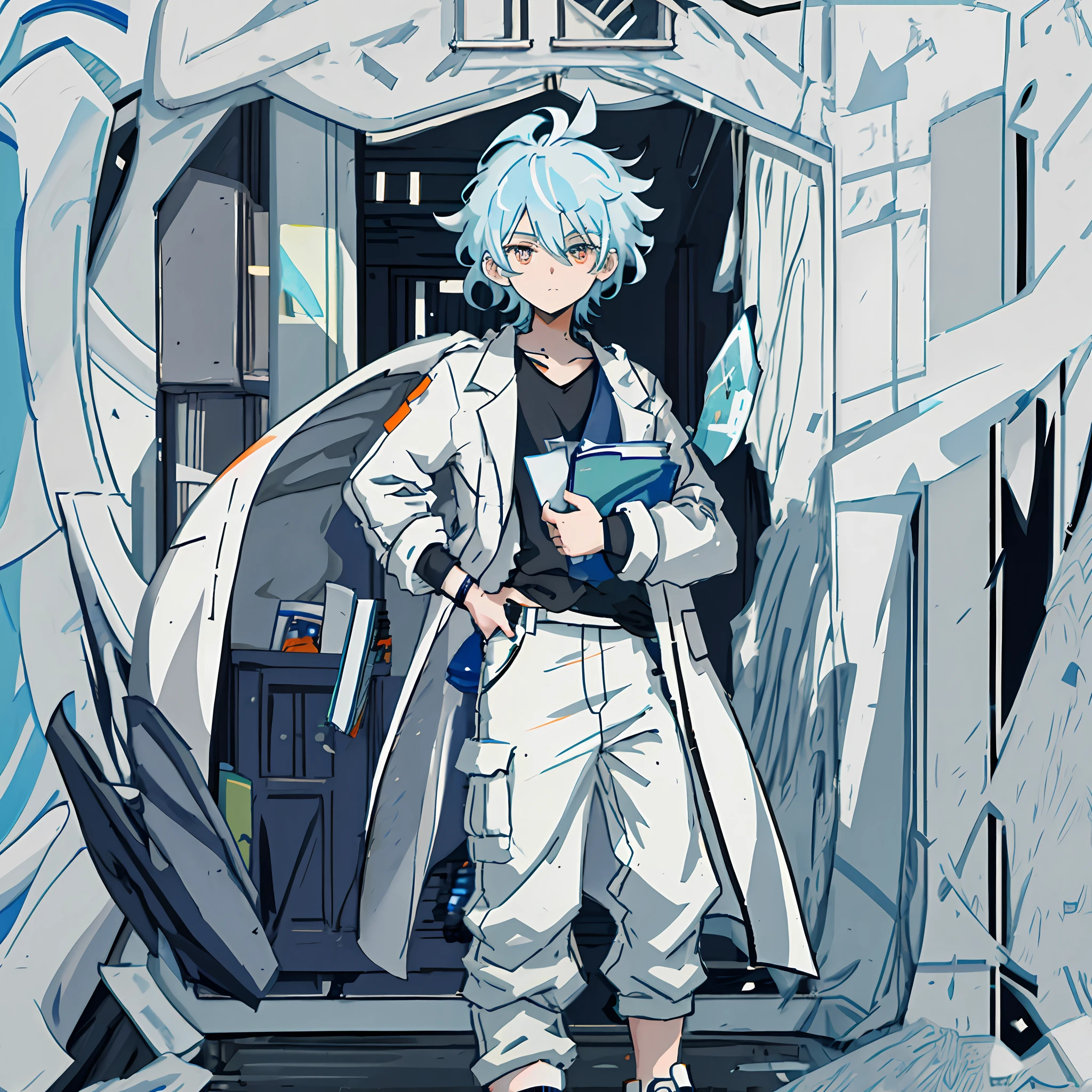 Anime boy with light blue hair in hairstyle stands in front of the door holding a book in one hand, lined with navy blue T-shirt, white trench coat, black cargo pants, orange eyes, doctor, anime art, anime style, single