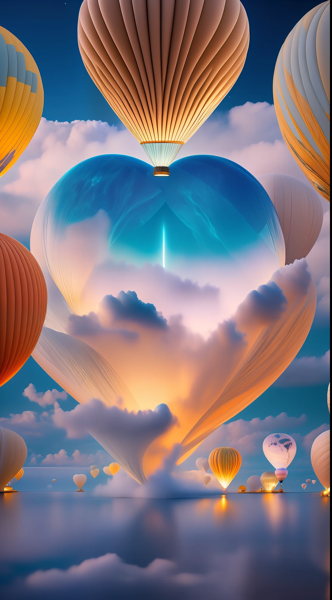 Enter a world of ethereal beauty as you see a captivating photo capturing the delicate charm of a small heart-shaped bioluminescent balloon elegantly floating above the clouds. This extraordinary image shows the perfect composition, carefully crafted to create a visually stunning work of art. Every intricate detail of the balloons is displayed with extraordinary clarity, highlighting their luminous and captivating forms. The composition follows the principle of symmetrical proportions, which enhances the overall aesthetic appeal. A true testament to creativity and imagination, this artwork captivates the viewer with its ethereal and serene atmosphere. This photo captures the fascinating place flawlessly -