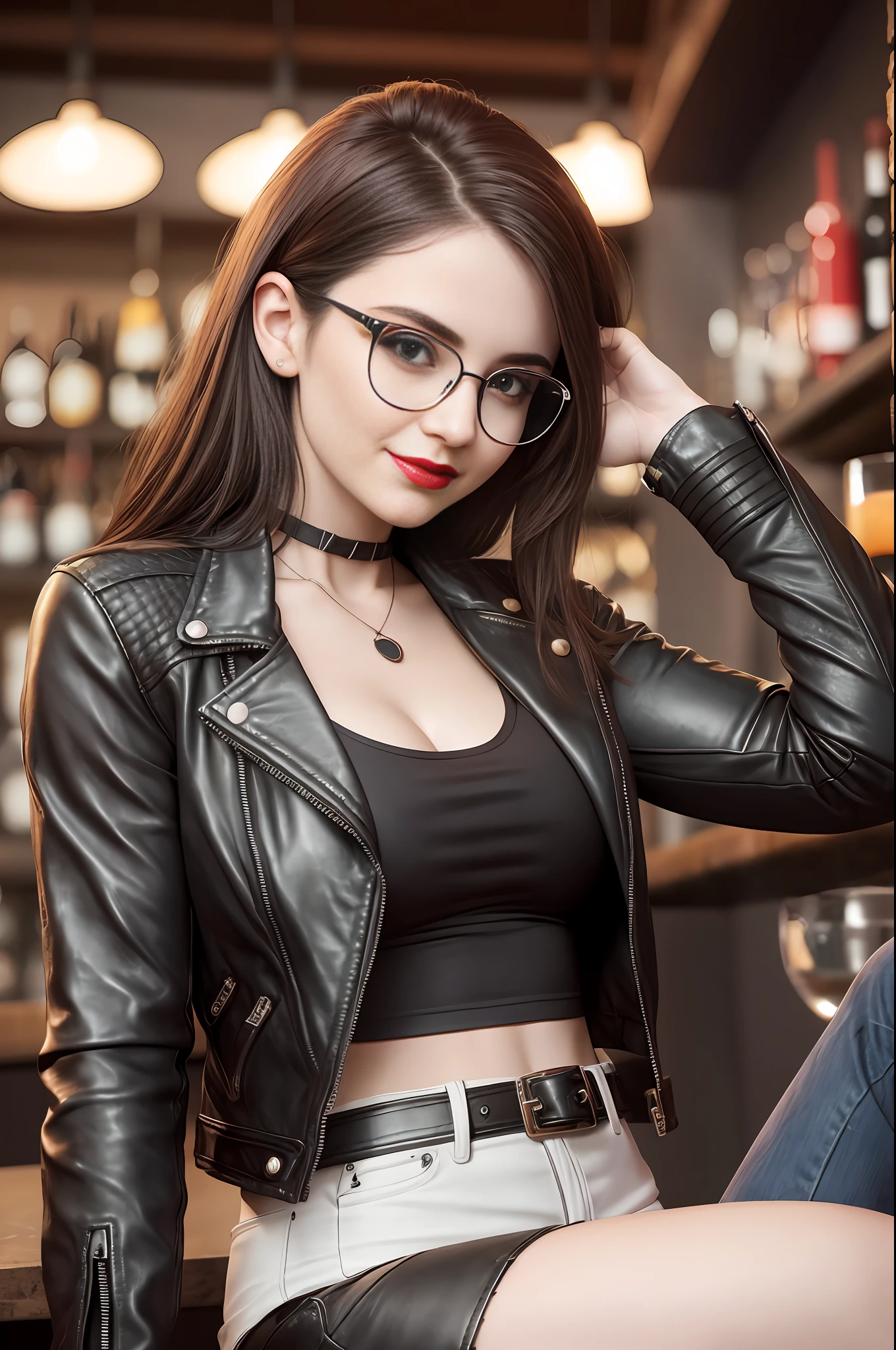 absurdres, RAW photo, highest quality, (masterpiece: 1.3), high detail RAW color photo, professional photo, extremely detailed CG 8k wallpaper unit, photo-realistic, realistic, RAW photo, masterpiece, best quality, highres, illustration,
1girl, 22 YEARS OLD, short, white, brown hair, Average length, thin legs, perfect gorgeous face, bright red lipstick, beautiful bright realistic eyes, round metal glasses, pale skin, detailed skin texture, natural large breasts. Smile. She looks amazing. Sitting at a bar. Gothic style.
(Leather jacket, low-cut blouse. simple design), Barzinho. Night.