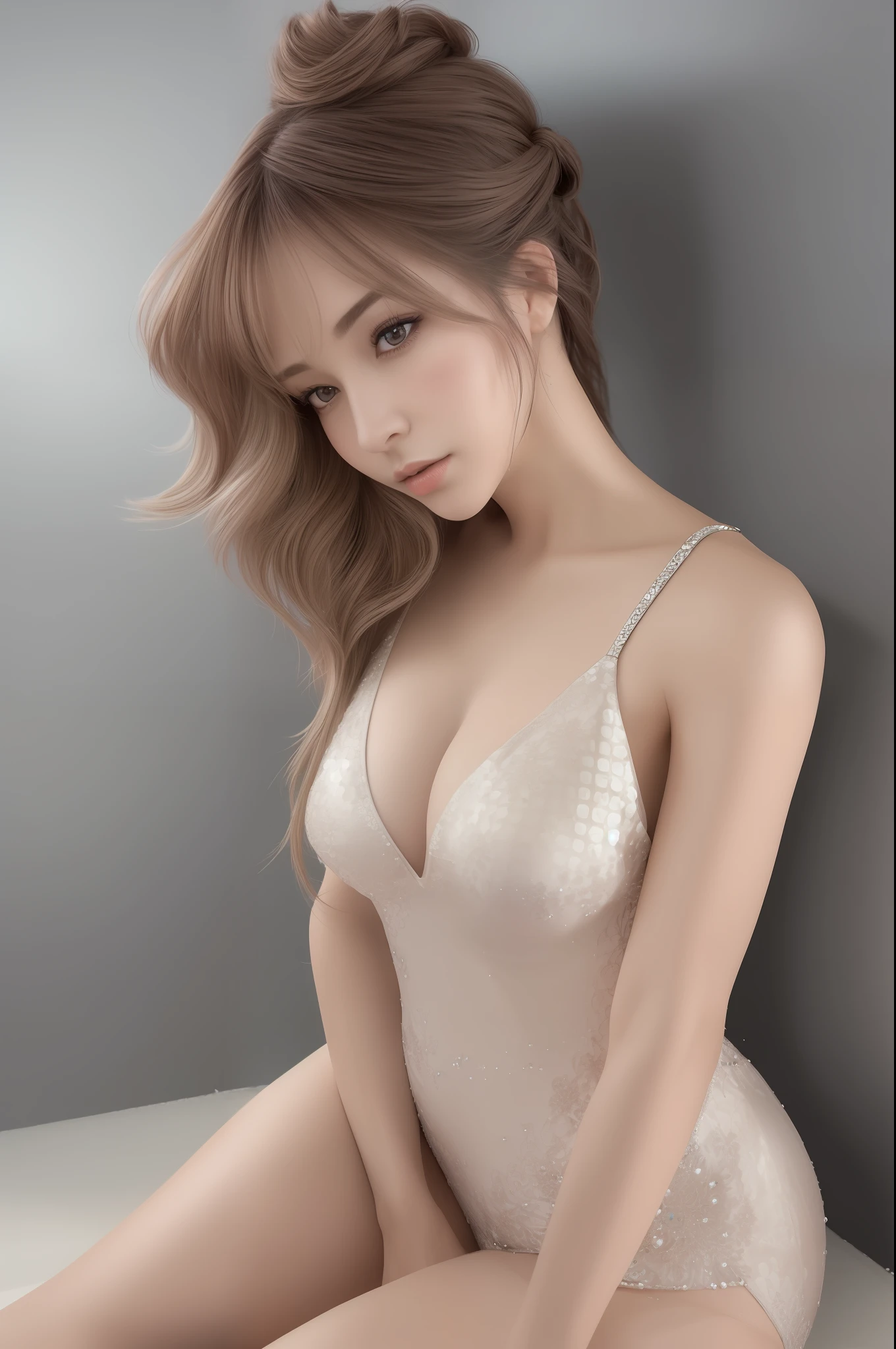 (1girl),masterpiece,((best quality)),dynamic angle,depth of field,extremely detailed cg unity 8k wallpaper,crystals texture skin,(realism),best skin quality,makeup,extremely delicate and beautiful,(photorealistic),perfect body,slender,fine features,extreme light and shadow,extremely detailed wallpaper,(beautiful detailed eyes),top quality,cinematic highlight hair,(bare legs),((various hairstyles)),mature woman,