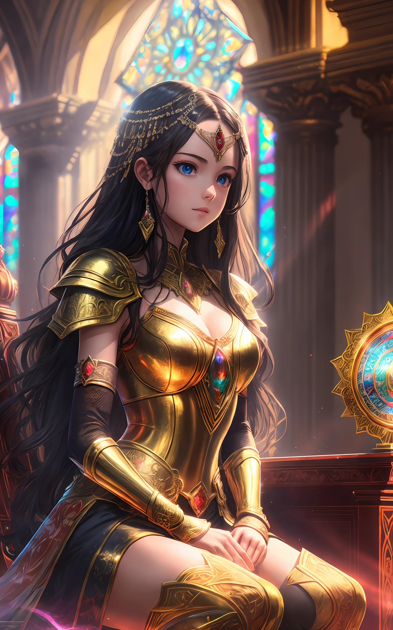 award winning 64k concept art of (1girl:1.2) in red shiny ornate armor sitting on the throne, epic, god rays, centered, (masterpiece:1.2), (best quality:1.2), Amazing, highly detailed, beautiful, finely detailed, warm soft color grading, Depth of field, extremely detailed 8k, fine art, stunning, iridescent, shiny, (light reflections:1.2), (crisp:1.5), curls, wind, vibrant, sunlit, edge detection