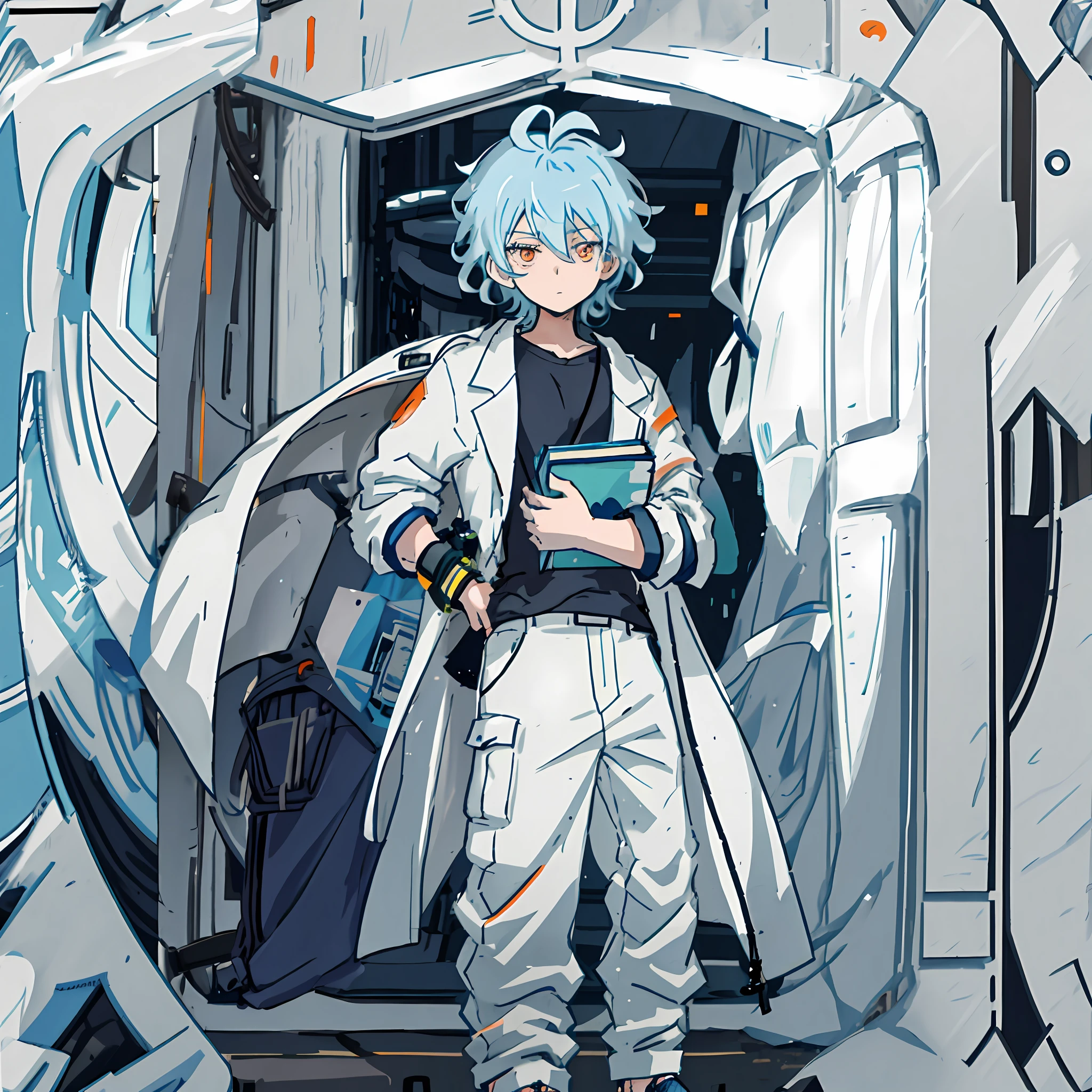 Anime boy with light blue hair in hairstyle stands in front of the door holding a book in one hand, lined with navy blue T-shirt, white trench coat, black cargo pants, orange eyes, doctor, anime art, anime style, single