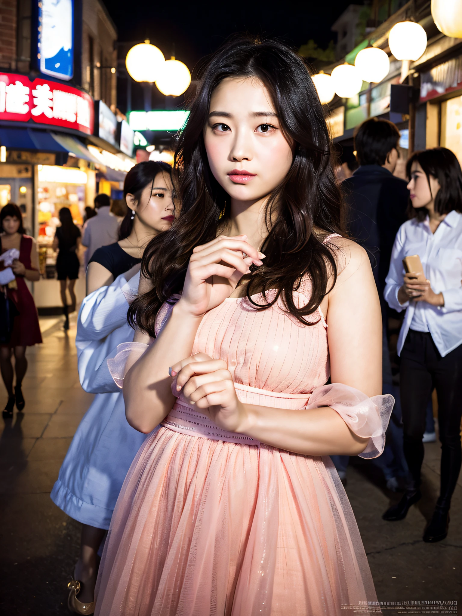 ulzzang-6500-v1.1, (raw photo:1.2), (photorealistic:1.4), best quality, 8K, HDR, high resolution, absurdity:1.2, blurred background, bokeh:1.2, photography, (RAW photo:1.2), (realism: 1.4), (masterpiece:1.3), (complex details: 1.2), (lip gloss, best quality, ultra resolution, depth of field, caustics, wide lighting, natural shadows, 85mm, f/1.4, ISO 200, 1/160s:0.75), beautiful detailed girl, very detailed eyes and face, beautiful detailed eyes, ridiculous, incredibly ridiculous, huge file size, super detailed, high resolution, very detailed, best quality, masterpiece, kemomimi, movie lights, ((pink dress, city)), illustration, very detailed, CG, unified, 8k wallpaper, amazing, fine details, masterpiece, best quality, very detailed CG unified 8k wallpaper, light on face, 1girl, 16 years old, full body, delicate fingers