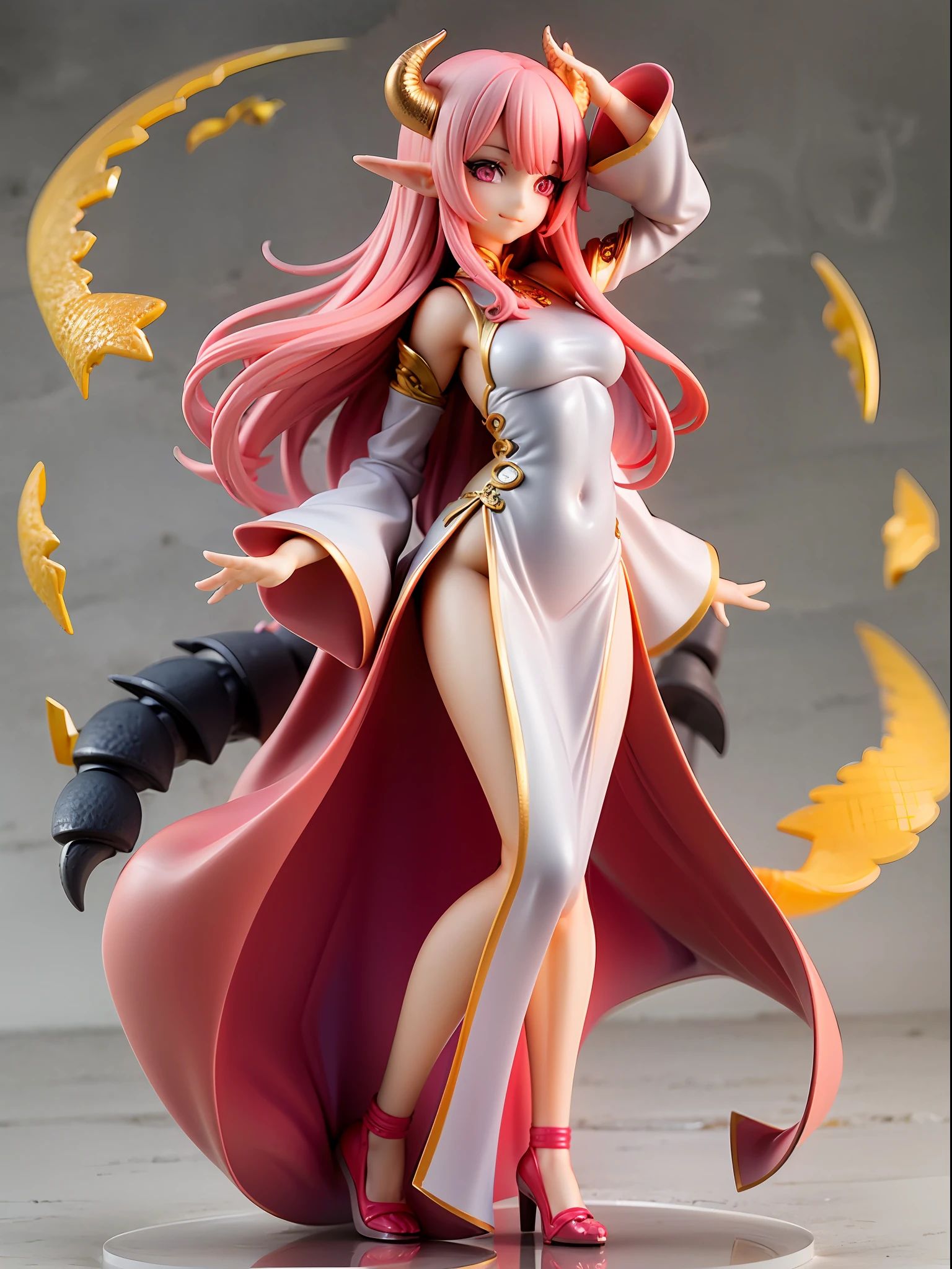 ager, standing pose, dragon tail, dragon scale on hands and feet, dragon horns, Chinese dress, Chinese dress modified to reveal belly button, white color scheme, pink highlights, long hair, pink hair, wide eyes, pink eyes, closed mouth, smile, simple background,