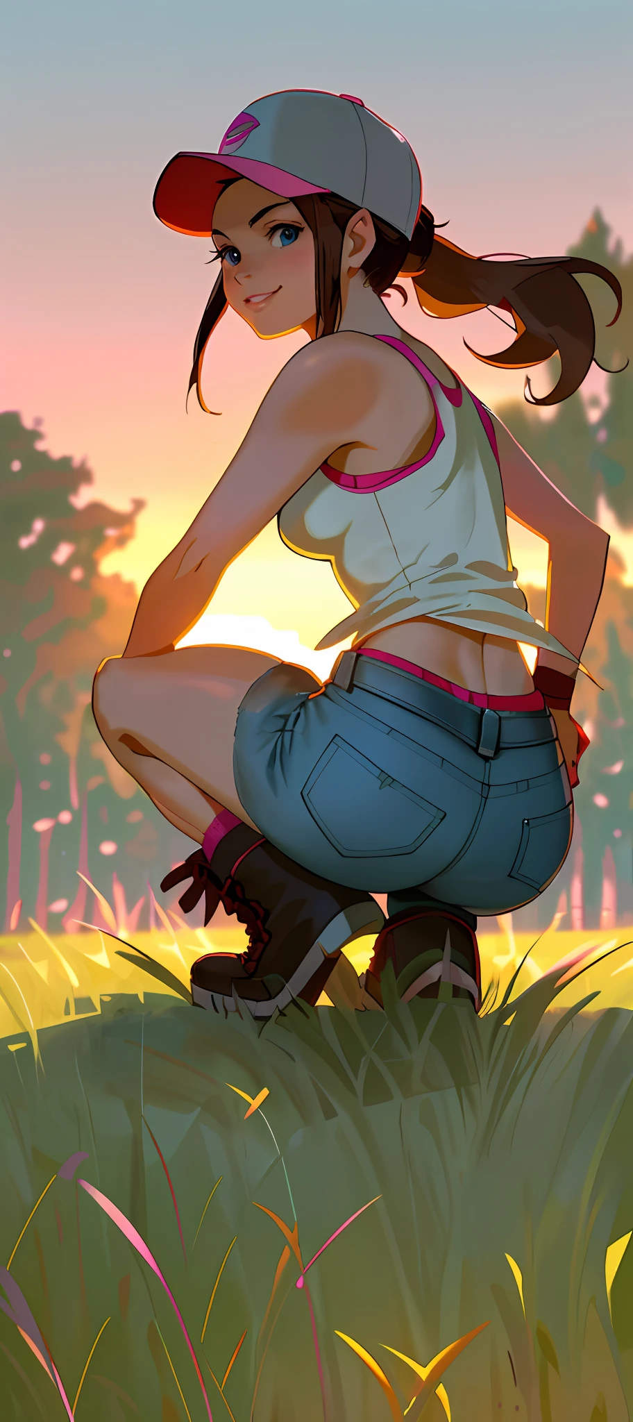 [Hilda_(Pokemon)], ((High definition)), ((detailed shading)), ((beautiful solo portrait)), ((full body)), ((back view)),  ((raw photo)), ((semi-realistic)), ((anime girl)), {attractive; (brown hair; long ponytail), (beautiful blue eyes), (smug smirk; white teeth), white tank top, (denim short shorts; exposed pockets), (black boots; pink laces), (white baseball cap; pink brim, beautiful legs, (ass showing), beautiful lips}, (squatting; looking back, attractive pose), [background; plains, sunny, trees, sunset]