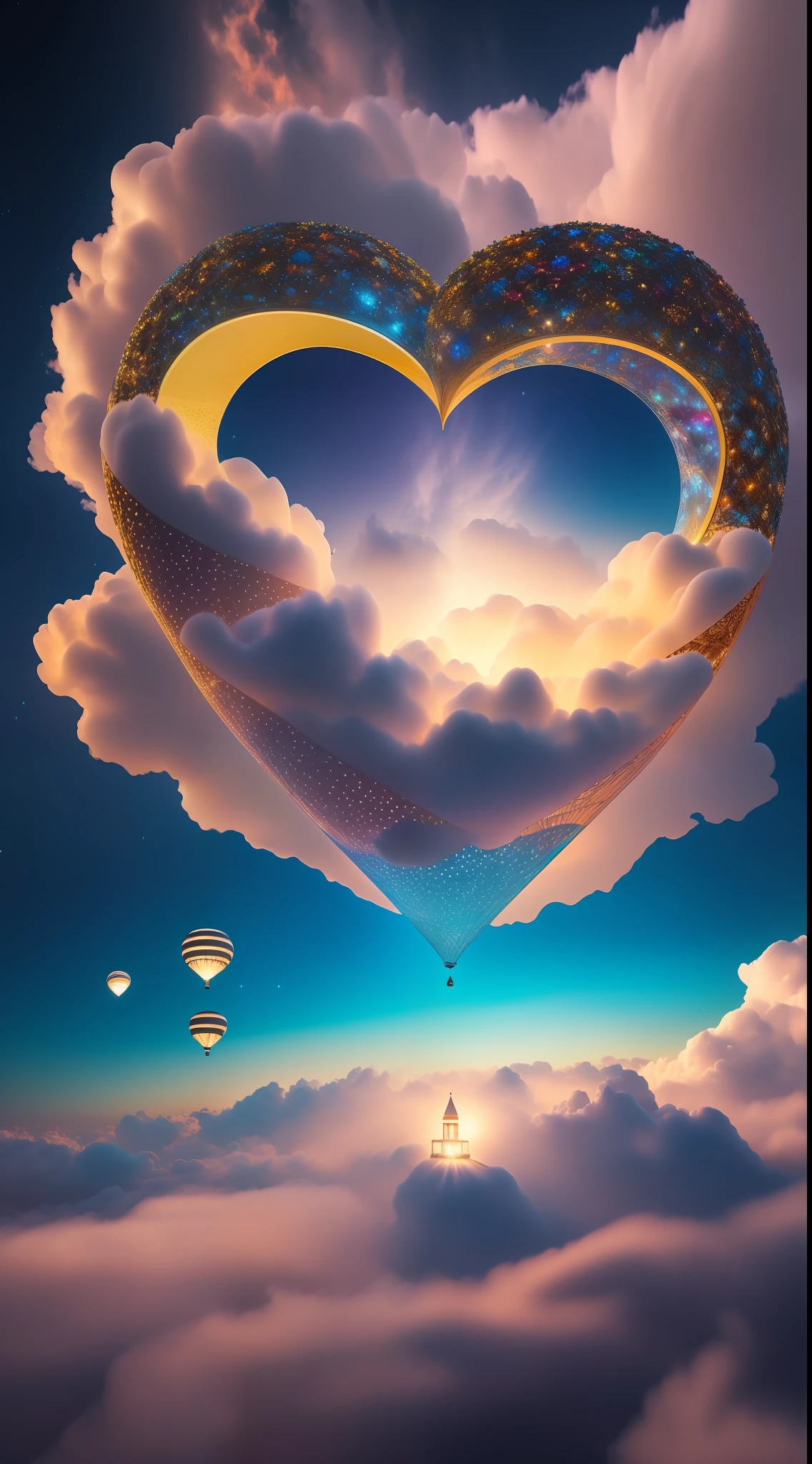 Step into a realm of ethereal beauty as you gaze upon a breathtaking photograph of small heart-shaped bioluminescent balloons floating above the clouds. This captivating image showcases a flawless composition, where every element is meticulously placed to create a visually stunning masterpiece. The intricate details of the balloons are brought to life with exceptional clarity, illuminating their enchanting glow against the backdrop of the sky. The composition adheres to the principles of the golden ratio, ensuring a harmonious and aesthetically pleasing arrangement. This artwork is a true testament to creativity and imagination, captivating viewers with its otherworldly charm. The photograph is expertly captured in mesmerizing 4K resolution, allowing every viewer to appreciate the intricate beauty and artistic essence of this scene