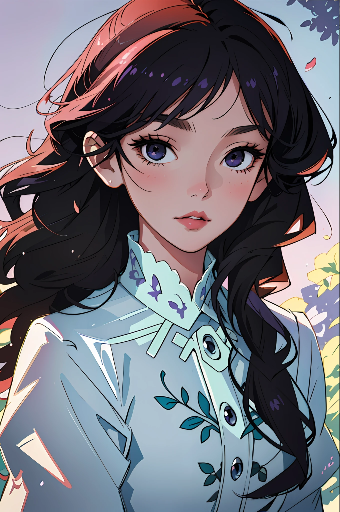 (best quality, masterpiece), highly detailed, 8k, (colorful), (bright colors), soft color, soft light, artstation sample, soft edges, young spirit, illustration, floral patterns, cinematic lighting,
lavender background, detailed background, natural background, carefree, beautiful detailed eyes, dark eyes, beautiful face, black eyes, flowing hair