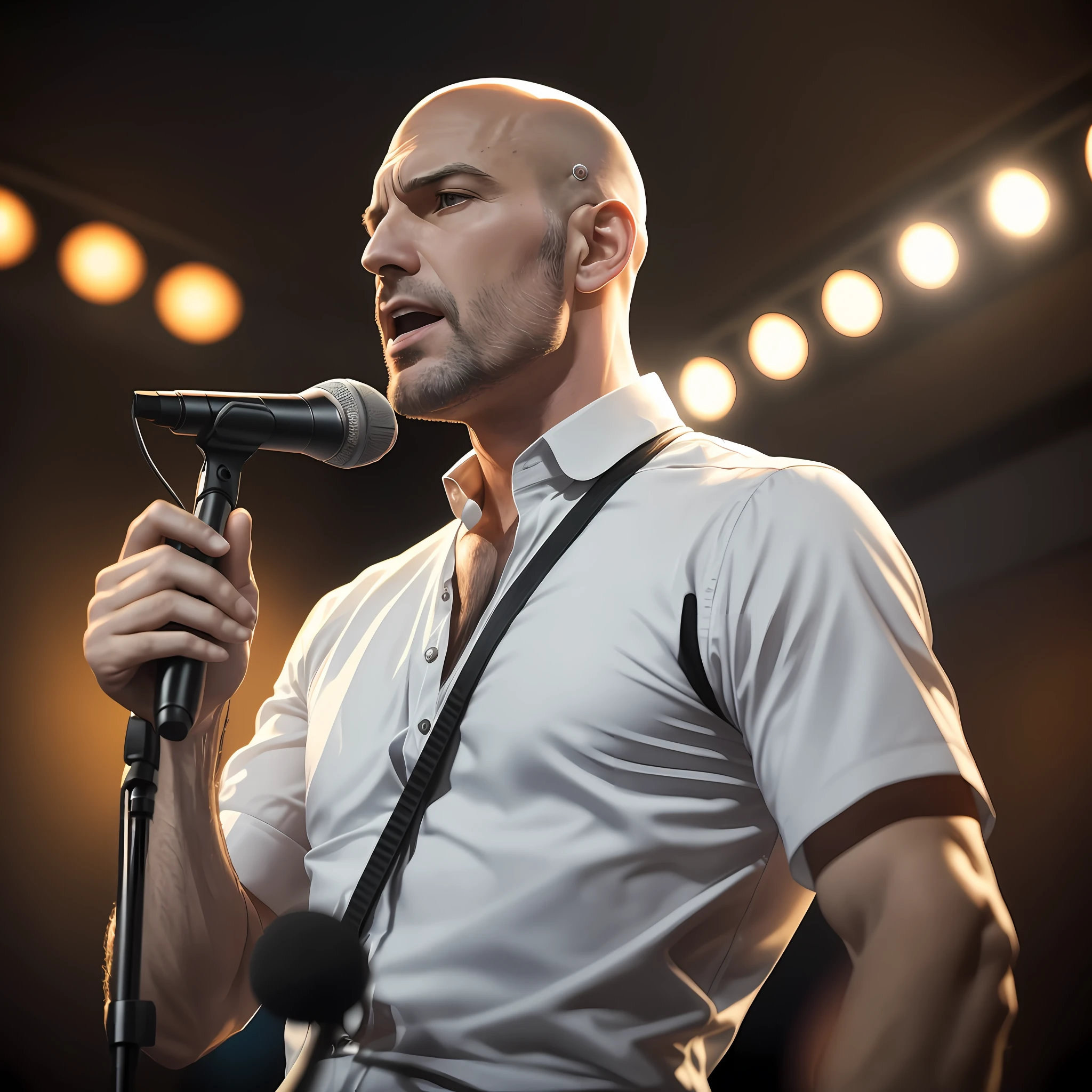 arafed man in white shirt and suspenders holding a microphone, singing into microphone, performing on stage, vocalist, in a white tank top singing, rapping into microphone, bald man, singing for you, holding a microphone, the singer, singer in the voice show, muscular bald man, standup comedian, tim booth, performing, on a dark background