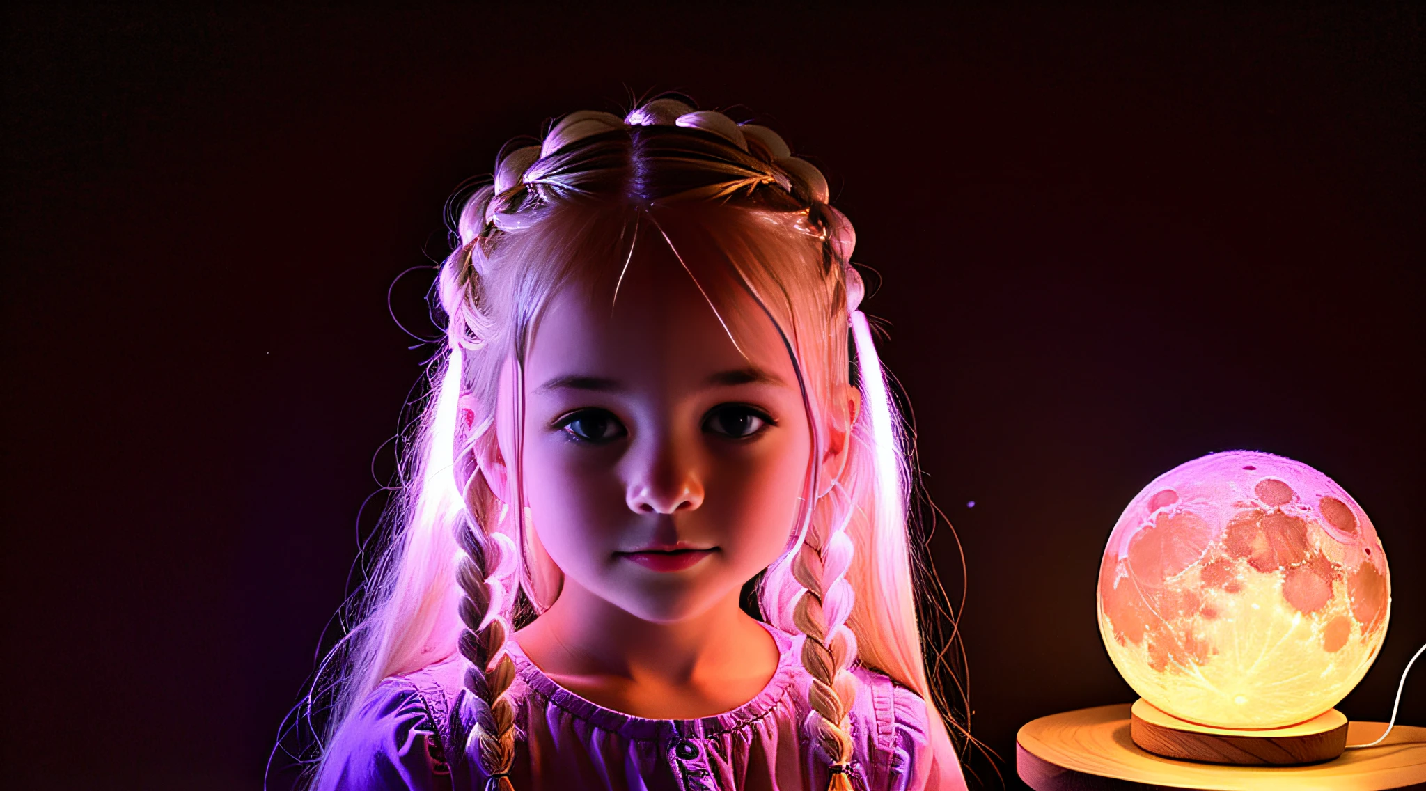 a girl BLONDE CHILD IN BRAIDS, PORTRAIT, a pink moon lamp on a wooden support, bright big moon, pink moon, moon light, giant pink full moon, mood light, full moon lighting, moon brightness, moon illumination, purple ambient light, lunar, moon backlight, moon, made of bright wax and ceramic, purple color lighting, grumpy purple glow light, mood lighting