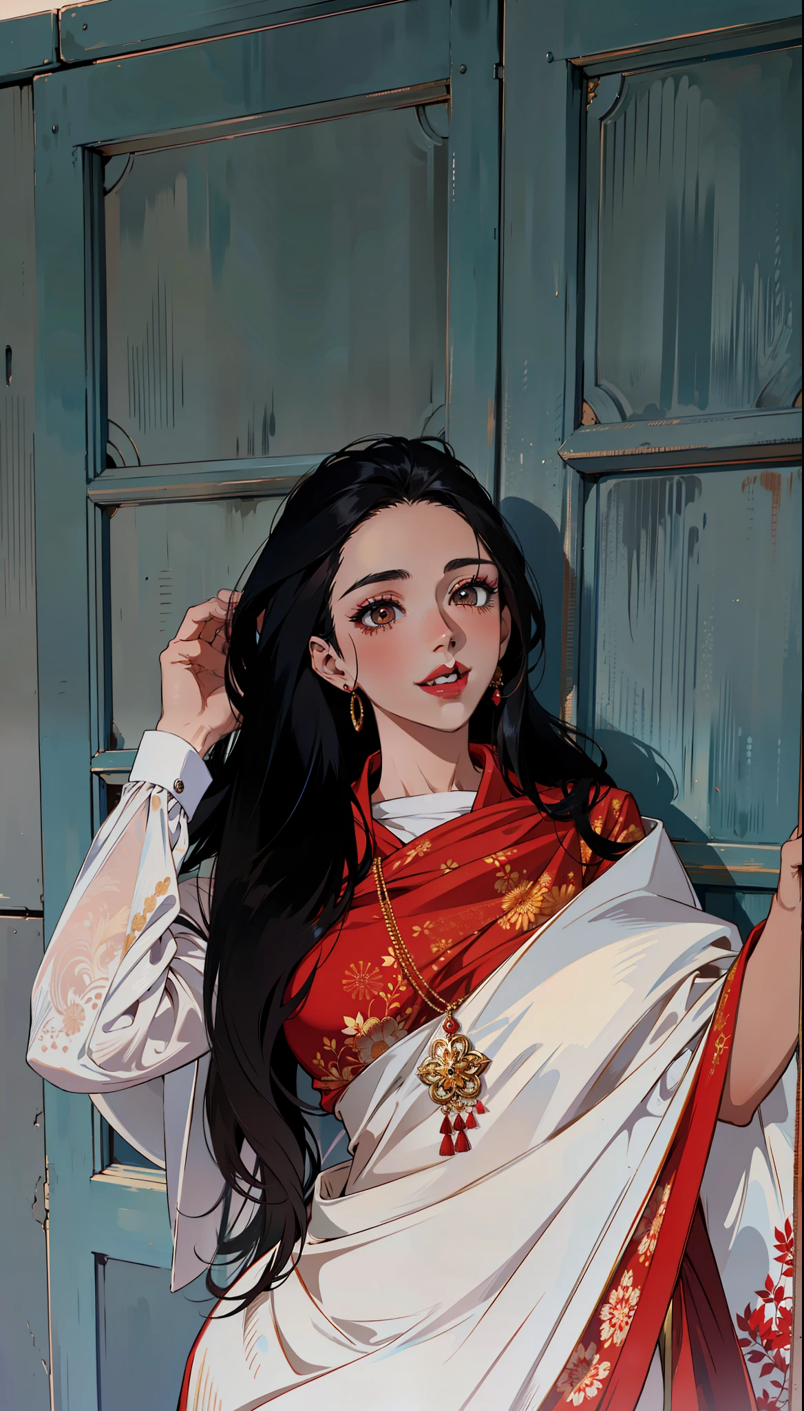 (masterpiece),(best quality:1.0), (ultra highres:1.0), detailed illustration, 8k, anime, 1girl, beautiful anime girl, wearing a white and red saree, beautiful saree, intricate details, black eyes, detailed eyes, black hair, detailed hair detailed, highlights on hair, smiling, matte red lipstick, red lips, anime style, best quality, detailed