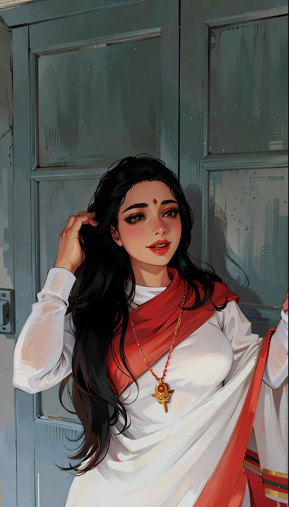 (masterpiece),(best quality:1.0), (ultra highres:1.0), detailed illustration, 8k, anime, 1girl, beautiful anime girl, wearing a white and red saree, beautiful saree, intricate details, black eyes, detailed eyes, black hair, detailed hair detailed, highlights on hair, smiling, matte red lipstick, red lips, anime style, best quality, detailed