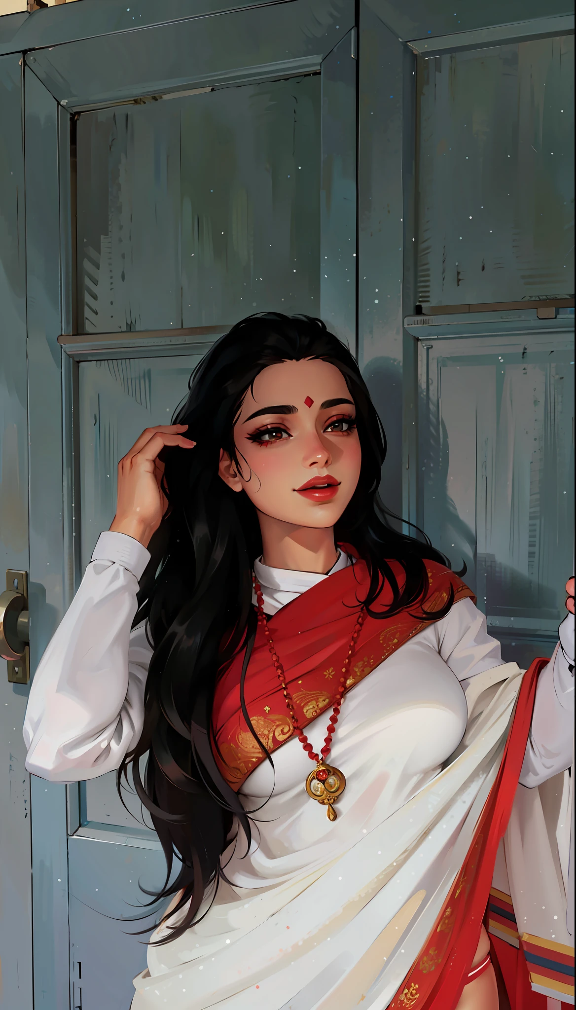 (masterpiece),(best quality:1.0), (ultra highres:1.0), detailed illustration, 8k, anime, 1girl, beautiful anime girl, wearing a white and red saree, beautiful saree, intricate details, black eyes, detailed eyes, black hair, detailed hair detailed, highlights on hair, smiling, matte red lipstick, red lips, anime style, best quality, detailed