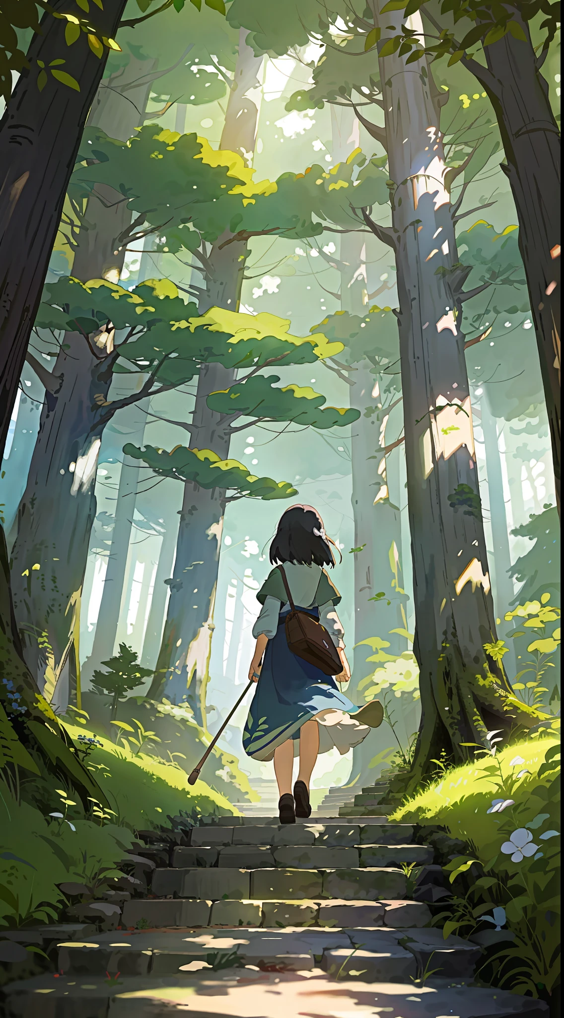a girl walking in forest ghibli studio style --ar 16:9, Ghibli-like colours, from below, masterpiece, super detail, high quality