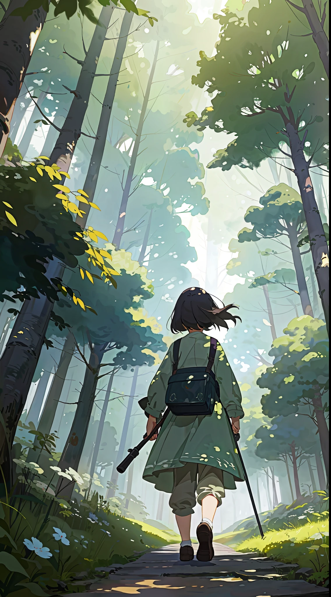 a girl walking in forest ghibli studio style --ar 16:9, Ghibli-like colours, from below, masterpiece, super detail, high quality