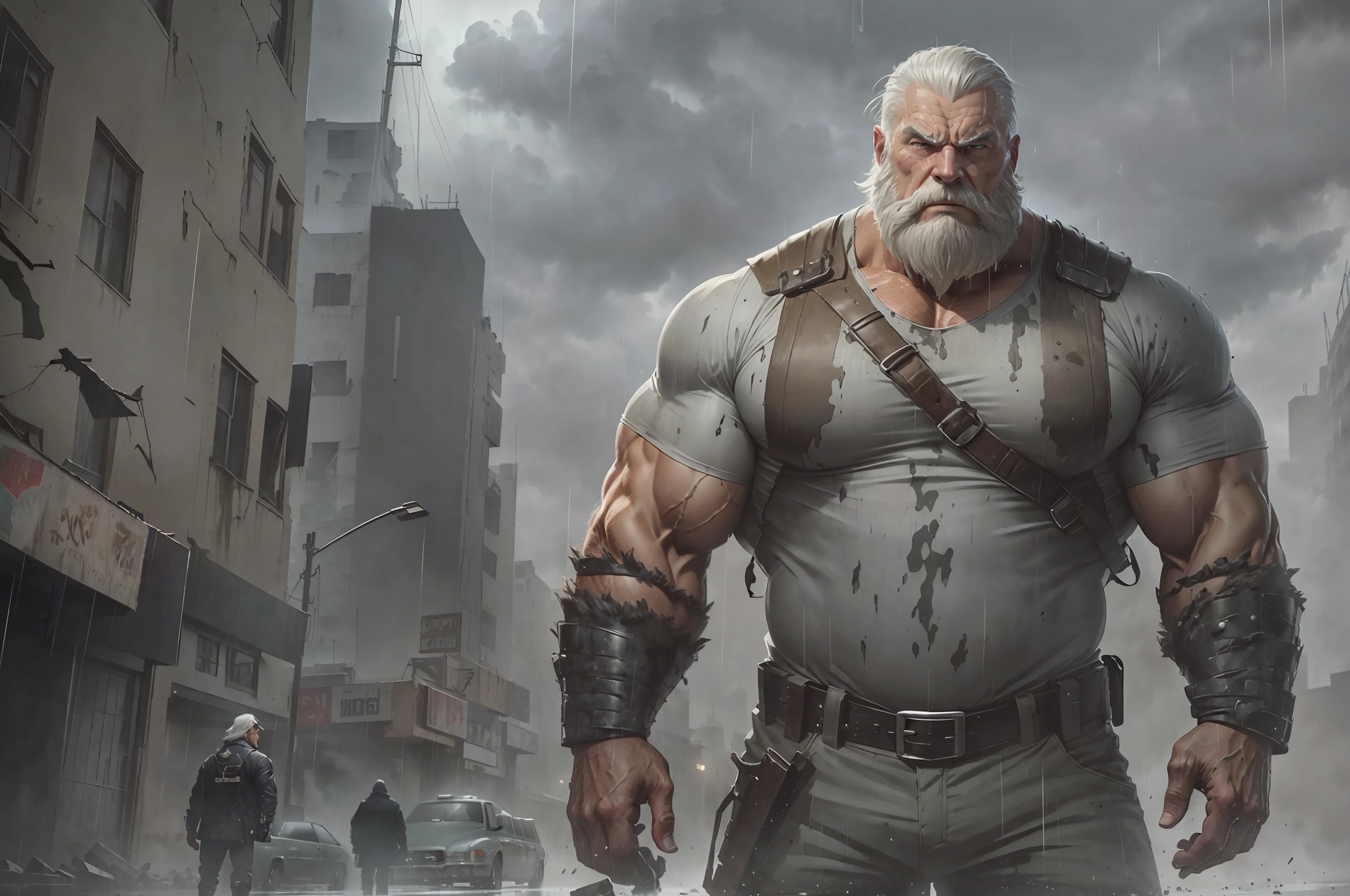 extremely detailed, detailed face, detailed eyes, detailed muscle, (view full body), ((1man)), (object (big muscular old man man standing with face up looking sad expression behind the building)), the old man is soldier and wearing soldier uniform, old man (big muscular, big muscle, bodybuilder, facial hair, beaded, white beard, battel scar face, short hair, white hair, strong character, strong muscle), (background ((heavy rain, fog, overcast sky, gray clouds, waster land, post-apocalypse, ruined city))), (photography (50mm lens, cinematic, cinematic color))