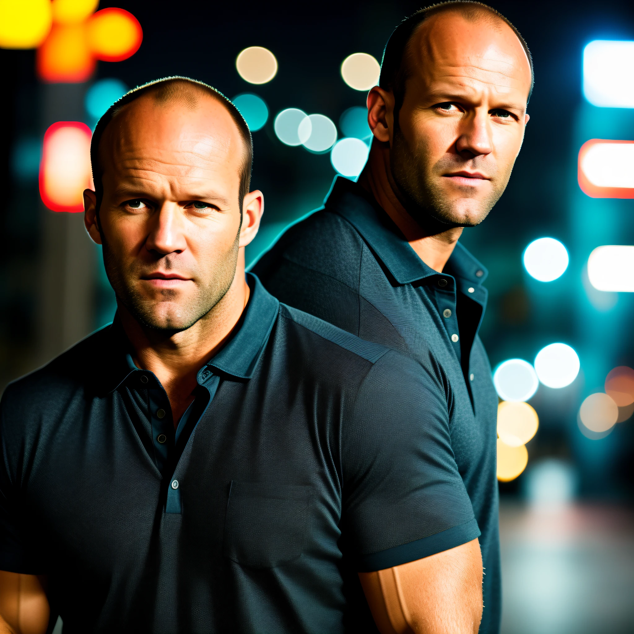 RAW photo, a portrait of actor Jason Statham in casual clothes, night, city street, (highly detailed skin: 1.2), 8k uhd, dslr, soft lighting, high quality, film grain, Fujifilm XT3