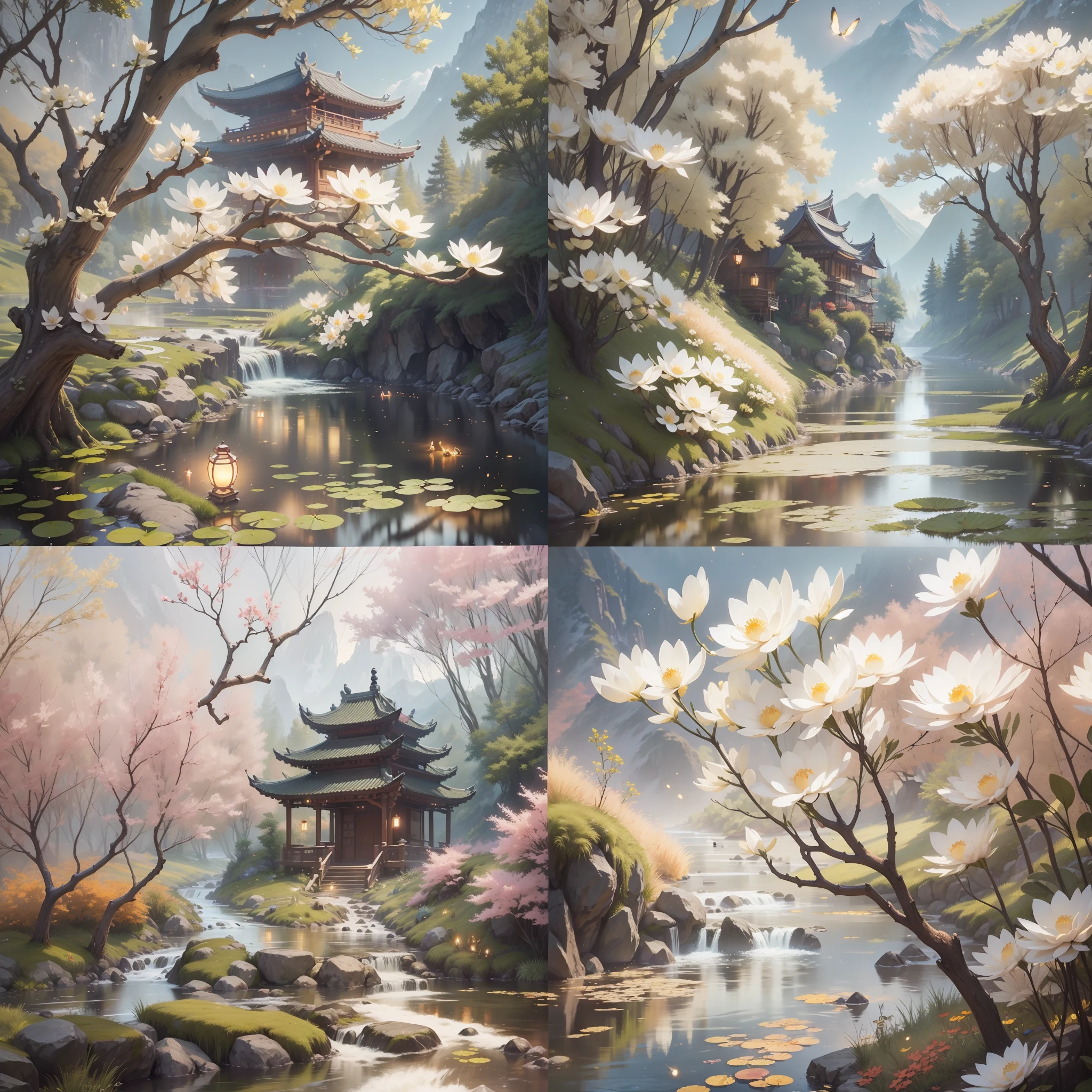Mountains and rivers
Masterpiece, best quality, (very detailed CG unified 8k wallpaper), (best quality), (best illustration), (best shadow), glowing elf with a glowing deer, drinking water in the pool, natural elements in forest theme. Mysterious forest, beautiful forest, nature, surrounded by flowers, delicate leaves and branches surrounded by fireflies (natural elements), (jungle theme), (leaves), (branches), (fireflies), (particle effects) and other 3D, Octane rendering, ray tracing, super detailed, alpine flowing water Xiaoqiao artistic conception beauty, there is a kind of sea and a hundred rivers with tolerance and great artistic conception, and landscape painting of Jiangnan water town. Red atmosphere, maple leaves, autumn, artistic conception, red lotus, lotus pond moonlight, autumn, pond --auto --s2