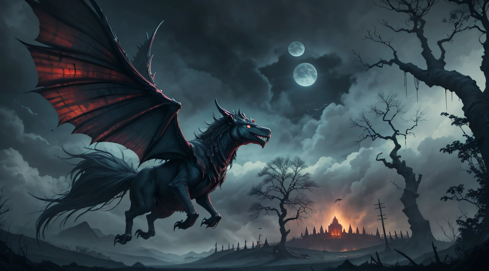 a magistic terrifying kingdom from far away land, horror, dark, creatures flying in the sky