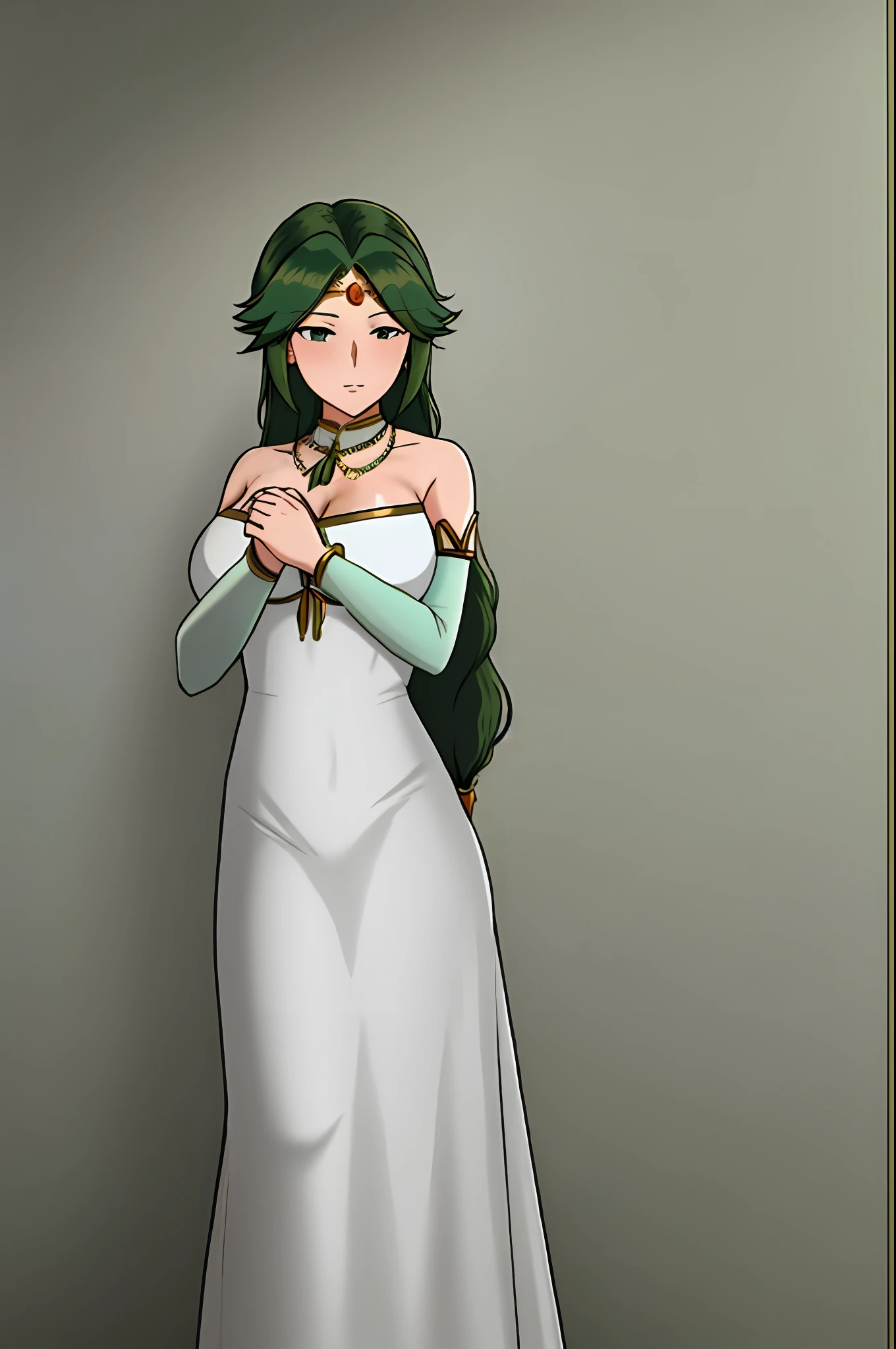 NTRman, masterpiece, best quality, 1girl, solo, mature female, toned,  palutena, green hair, long hair, white dress, dress,