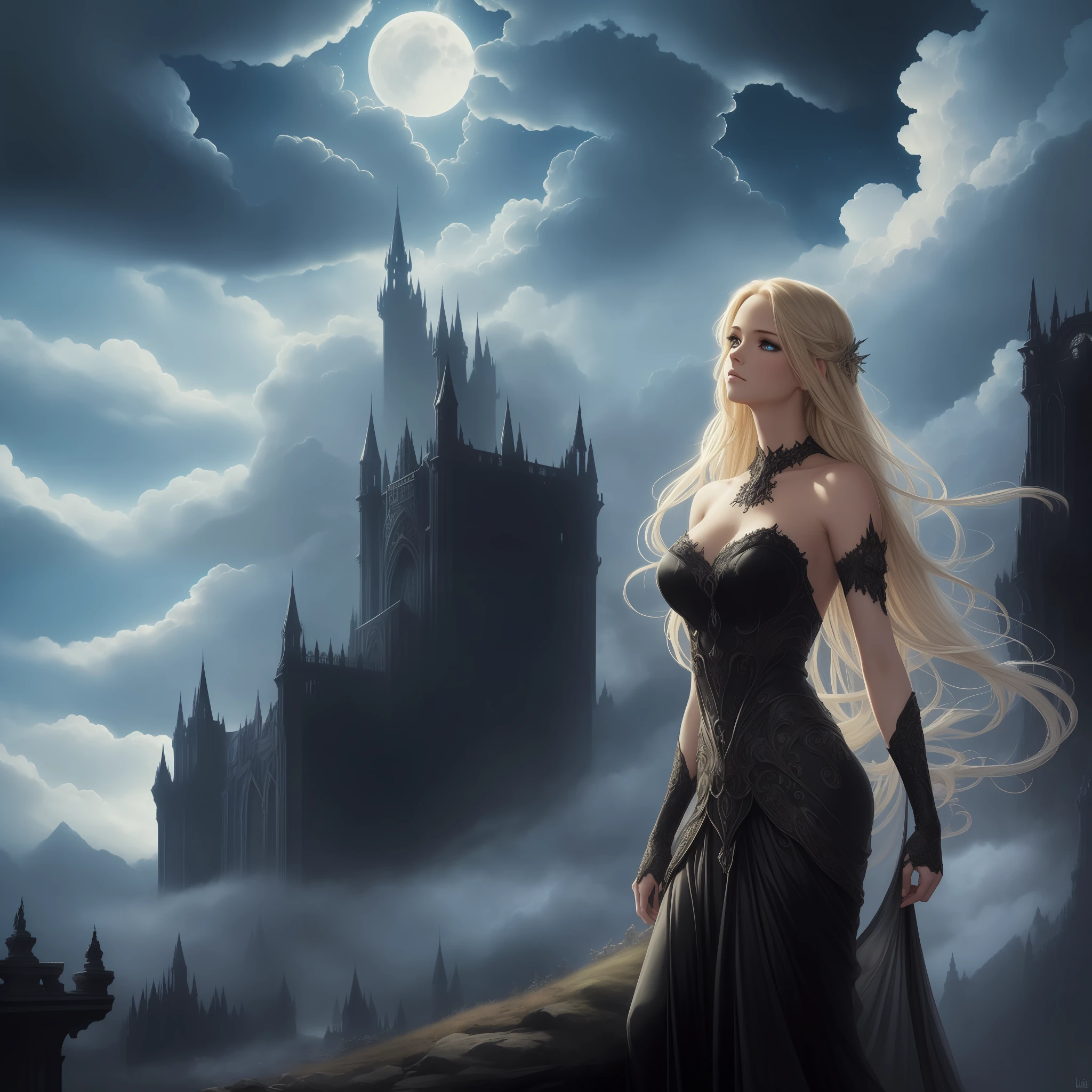 ((best quality)), ((masterpiece)), (detailed)), ethereal beauty, (fantasy illustration: 1.3), enchanting gaze, captivating pose, straight blonde hair, fabulously gorgeous black dress showing off her shoulders , otherworldly charm, mystical sky, (Luis Royo:1.2), moonlit night, soft colors, (detailed clouds:1.3), (high resolution:1.2)