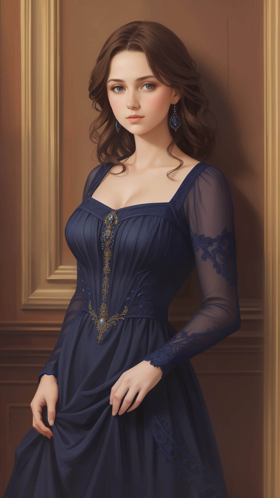 1girl, beautiful teenage girl, small breasts, revealing ornate navy blue dress, short wavy brown hair, portrait, oil painting, modern, realistic proportions, intricate, intricate details, sharp focus