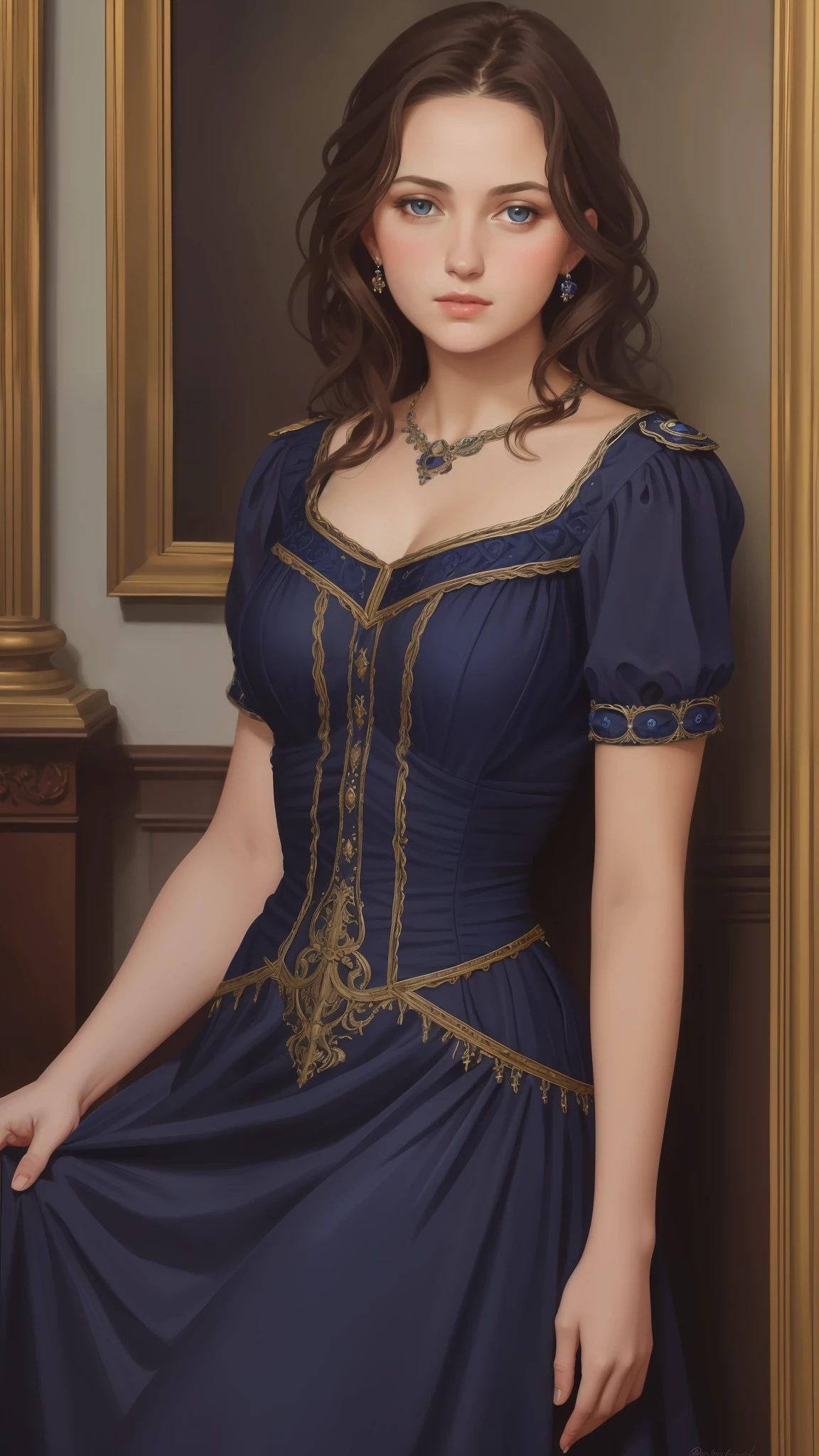 1girl, beautiful teenage girl, small breasts, revealing ornate navy blue dress, short wavy brown hair, portrait, oil painting, modern, realistic proportions, intricate, intricate details, sharp focus