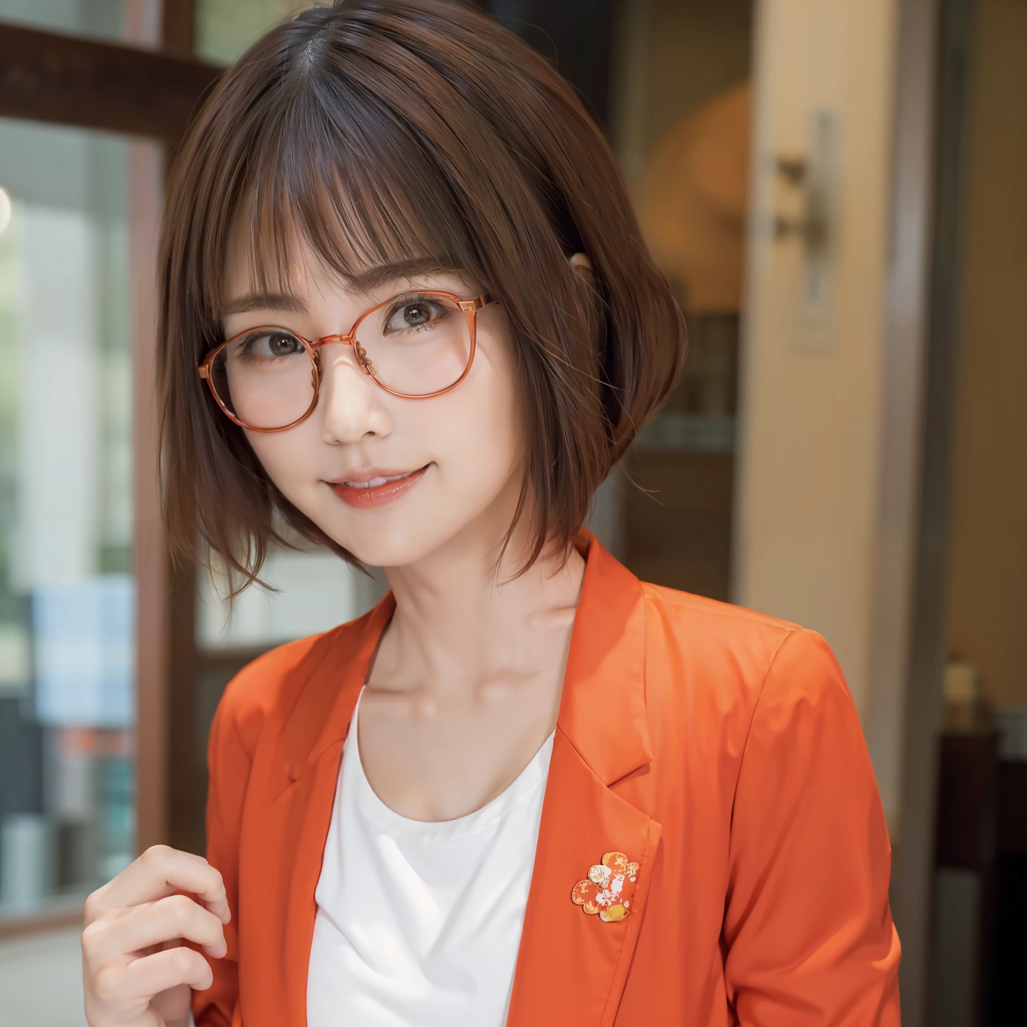 (Best quality, 8k, 32k, Masterpiece, UHD:1.2),Photo of Pretty Japanese woman, red round glasses,very short hair, frizzy brown hair,smile,UHD image,upper body,(orange suit:1.1),white T-shirt,looking at around