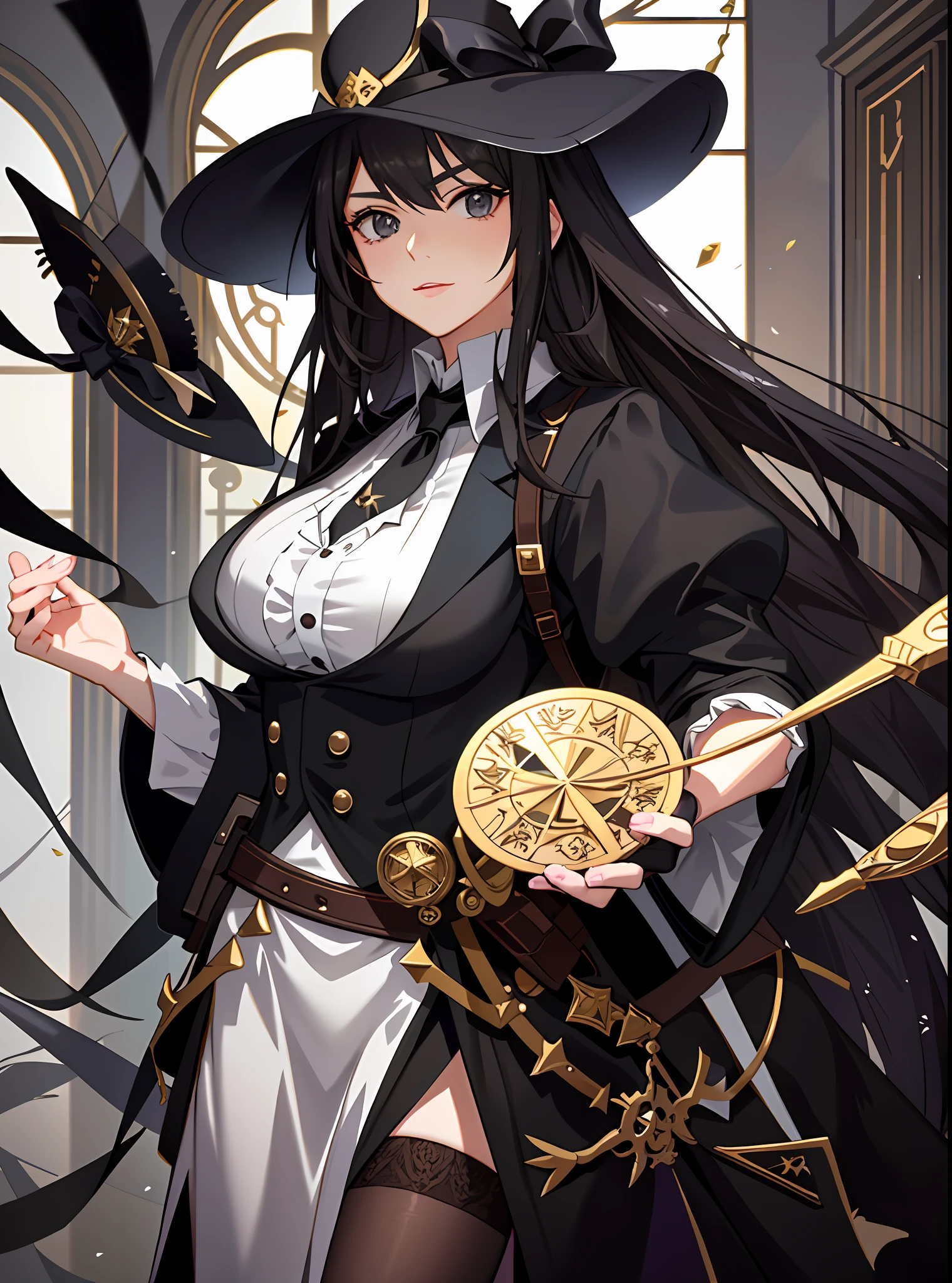 Anime - style image of a woman in a black costume and a large folded hat, exquisite fan art with very detailed details, beautiful female assassin, Victorian attire, holding a throwing knife in her right hand, highly detailed Artgerm, style Artgerm from the front line of girls, style ArtGerm, fine details. Frontline girls, dressed in black noble suits, ! Dream Art Germ Marisa Drizzle IG Model | Alt Germ, Big Folded Hat