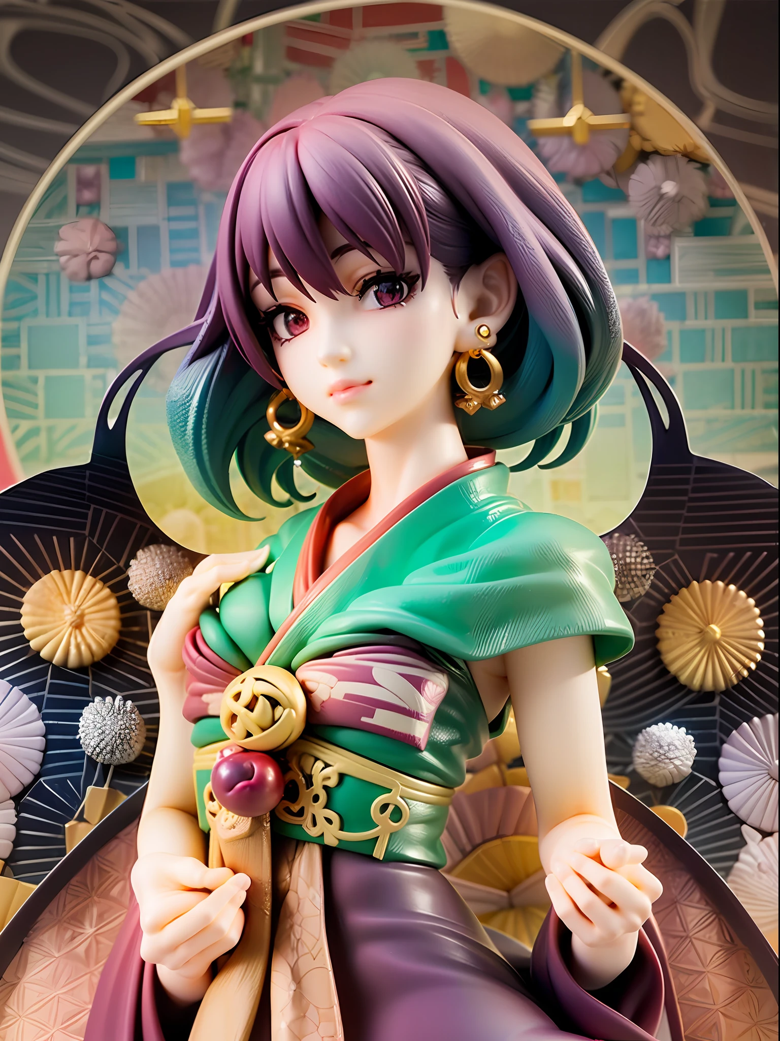 (1girl:1.3), extremely detailed,(fractal art:1.1),(colorful:1.1),highest detailed,(zentangle:1.2), (dynamic pose), (abstract background:1.5), (japanese dress:1.2), (shiny skin), (many colors:1.4), ,(earrings:1.4),