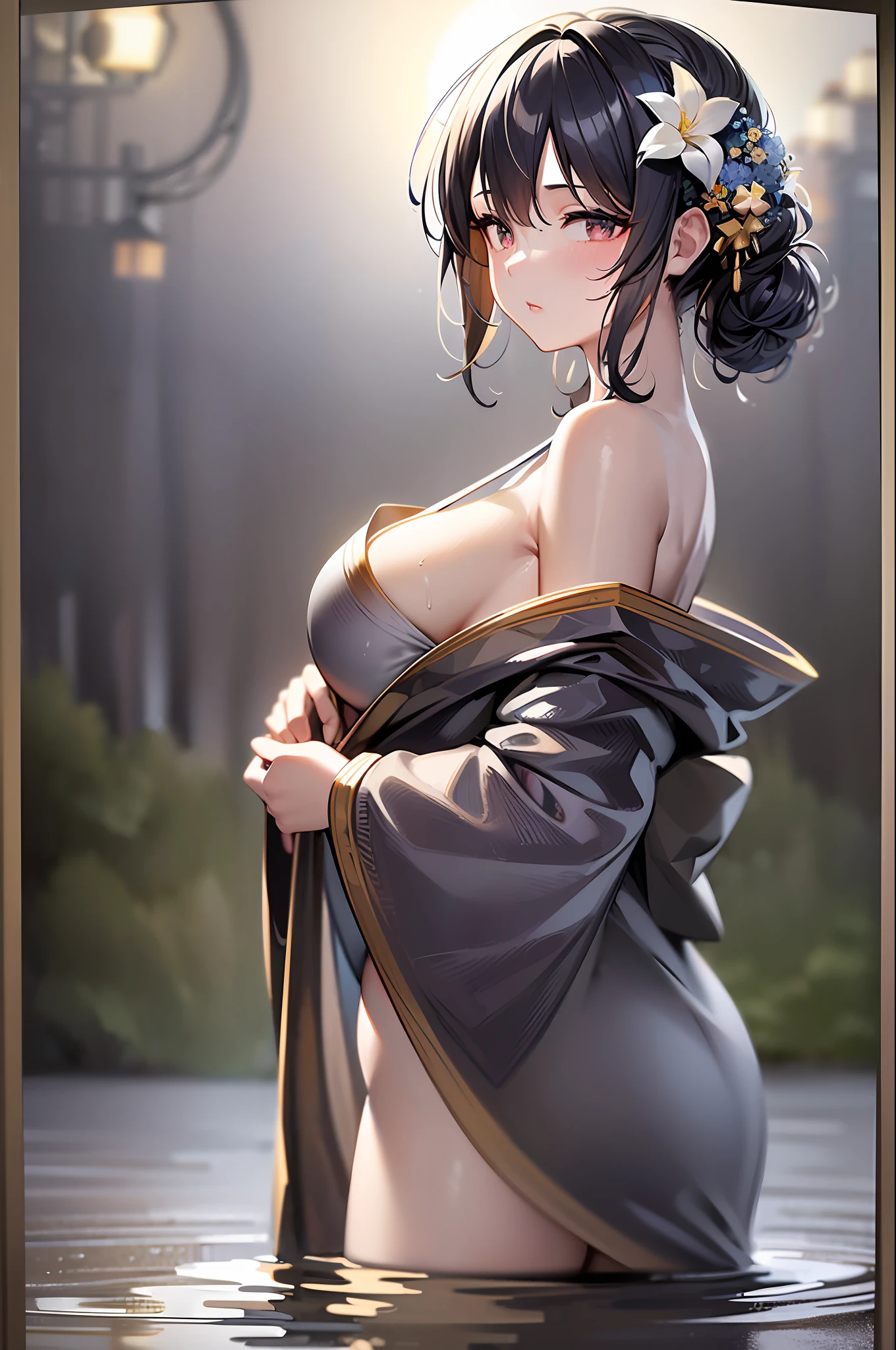 1 girl, chest, moon, lantern, night, solo,, hair ornament, wet, kimono, kimono, wading, water, hair flower, flower, outdoors, sky, full moon, rain, black hair, off-shoulder, mountain, clouds, hug, sash, bare shoulder, lantern, standing, white kimono, night sky, side boob, obi, wet clothes, bangs, tree, from the side, reflection, short hair, cloudy sky, wet hair (((masterpiece),(highly detailed CG Unity 8k wallpaper), Top quality, solo, 1girl, cinematic lighting, detailed background, beautiful detailed eyes, bright pupils, (very delicate and beautiful), (beautifully detailed eye description), super detailed, masterpiece,))