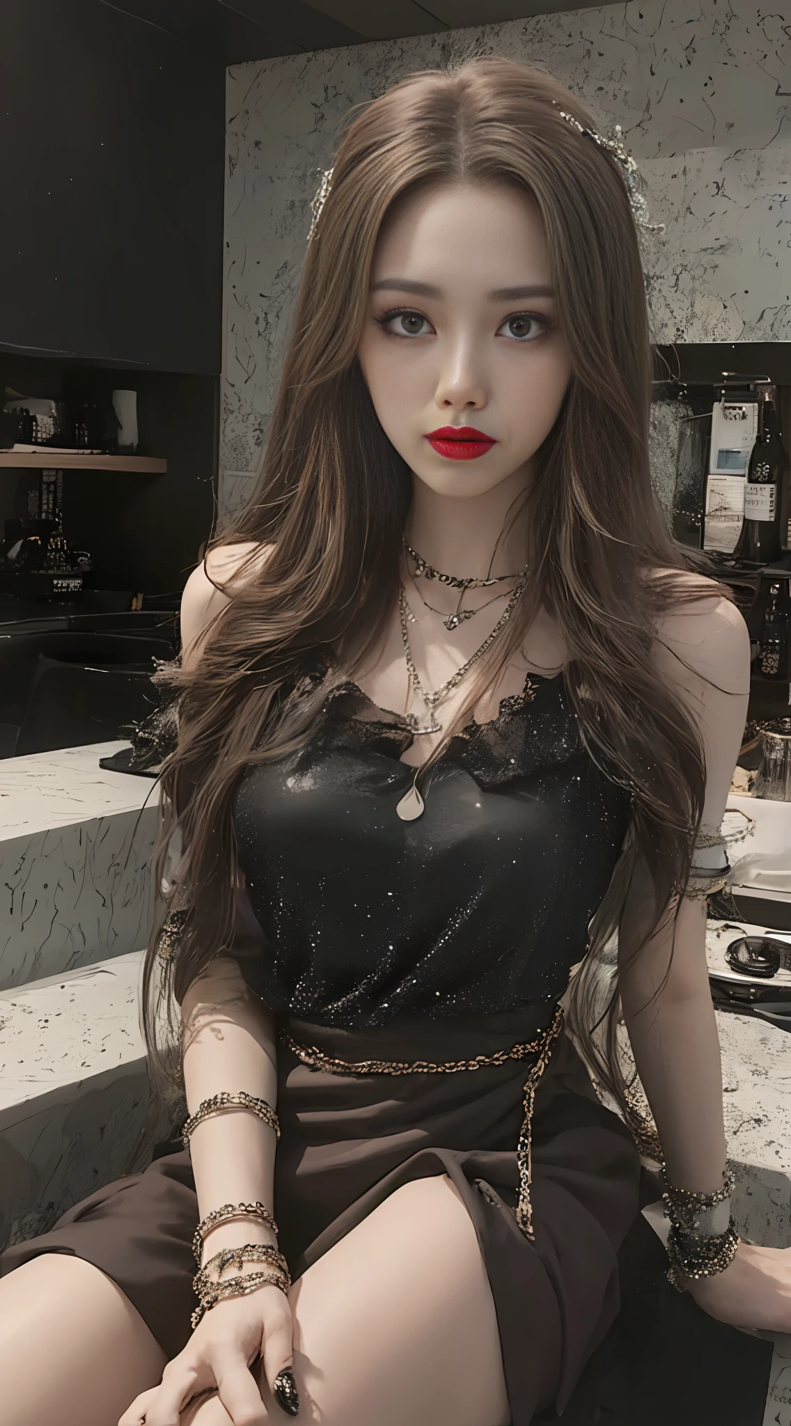 Drag sister, cool sass, proud, confident, masterpiece, best quality, there is a woman sitting on the counter, wearing necklaces and dresses, gorgeous bracelets, confident, Guvez style artwork, popular in CGSTATION, girl portrait, Sakimichan, sexy gloomy style, WLOP style, long hair and harsh eyes, realistic art style, Guweiz, WLOP style, 🤤 first-person perspective