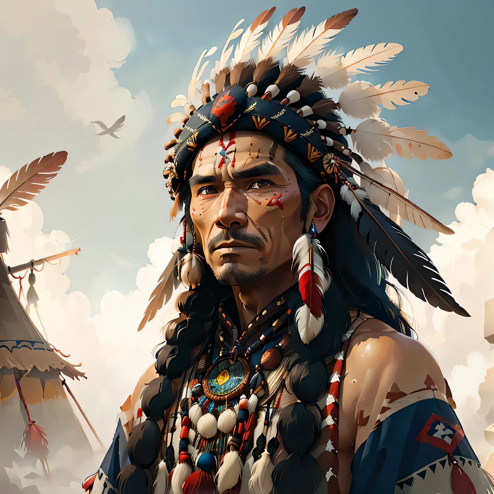 totempunkai shaman wearing a feather headdress, highly detailed eyes, brown eyes,